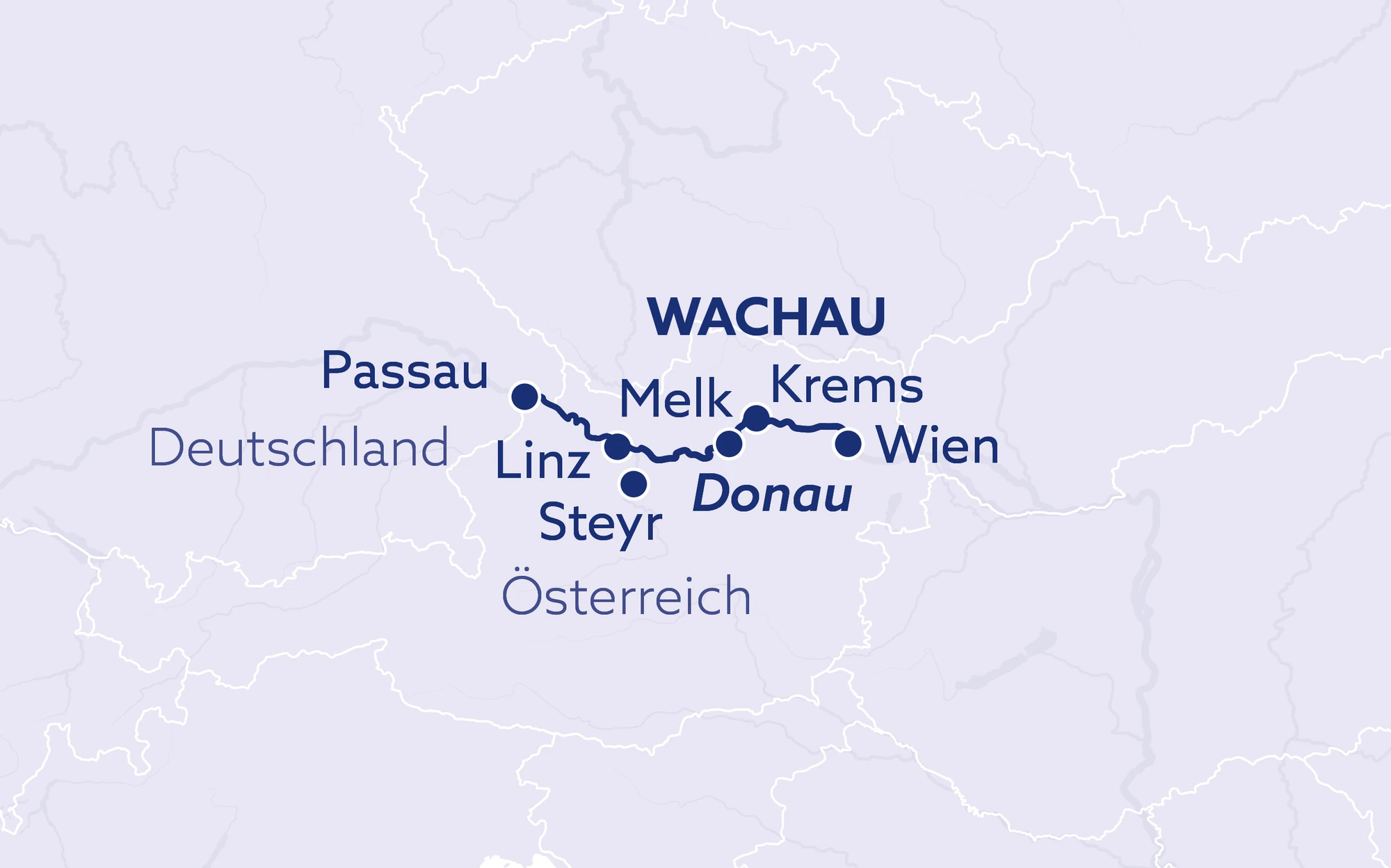 Routenplan der Donau Flusskreuzfahrt mit Städten Passau, Linz, Melk, Krems, Wien und Donau, beschriftet in blauer Schrift.