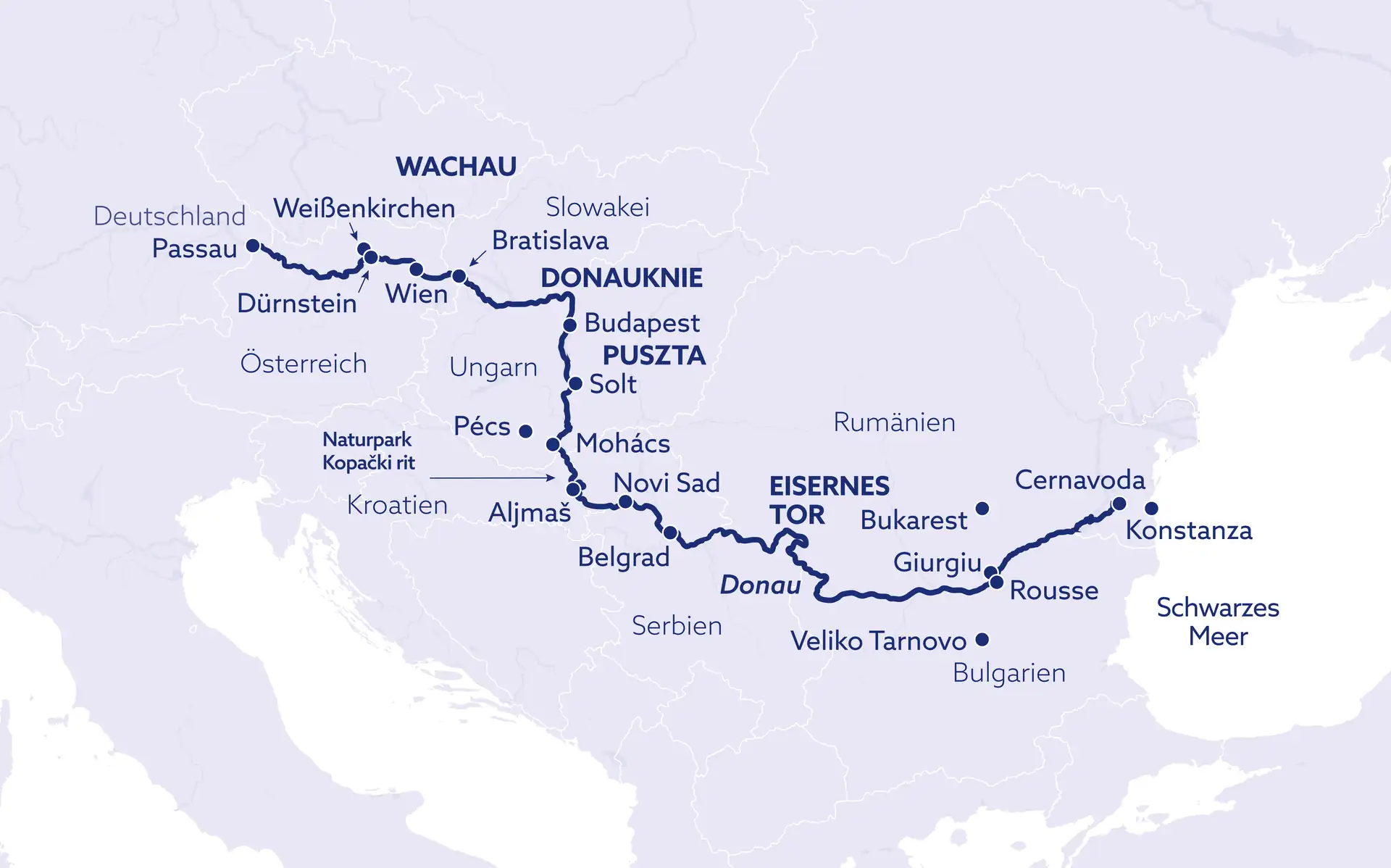 Karte des Donauverlaufs von Passau bis zum Schwarzen Meer mit markierten Städten und Regionen in mehreren Ländern