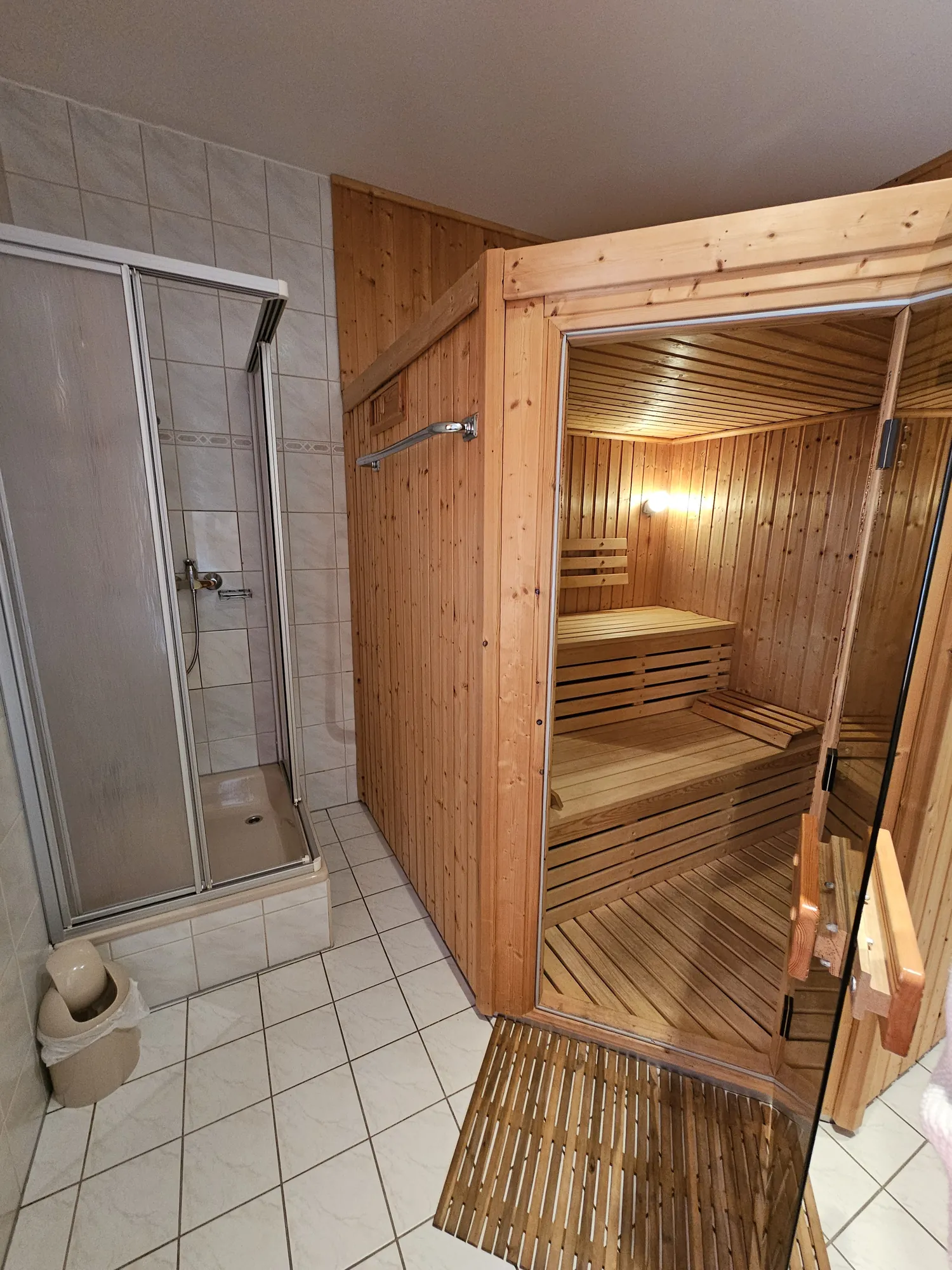 Ferienhotel Forelle - Ausblick auf traditionelle Sauna aus Holz und nebenan moderne Dusche