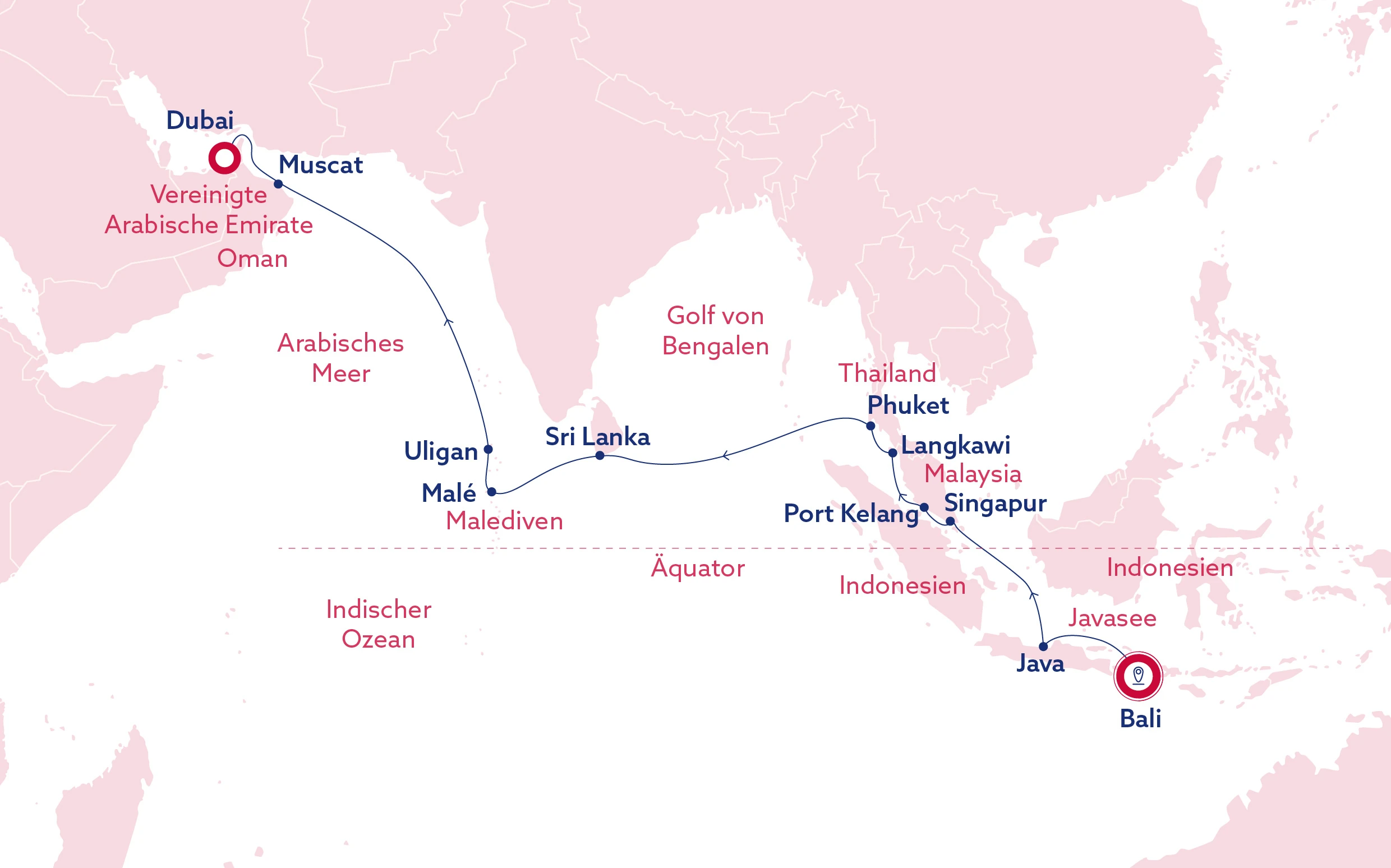 Karte der asiatischen Reiseziele mit Dubai und Bali