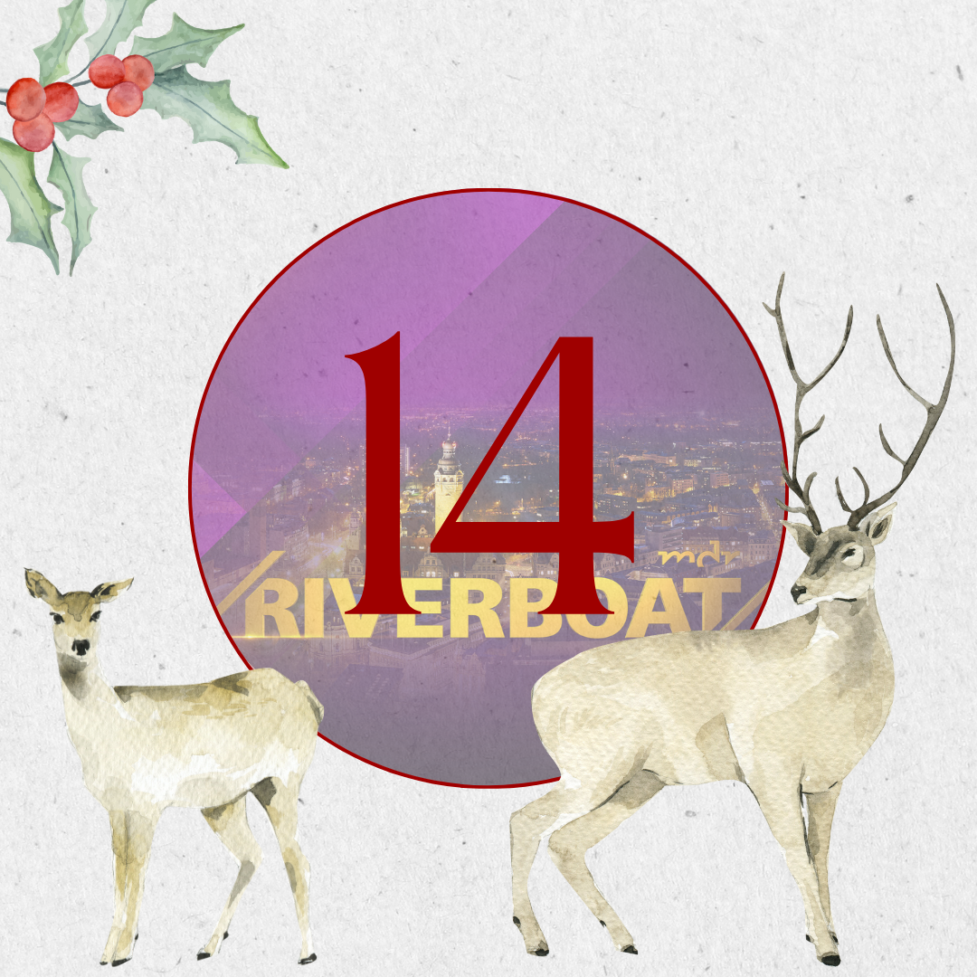 aovo Adventskalender 2024 - Türchen 14 offen rot mit zwei Hirschen und Stechpalmenzweigen auf hellem Hintergrund.