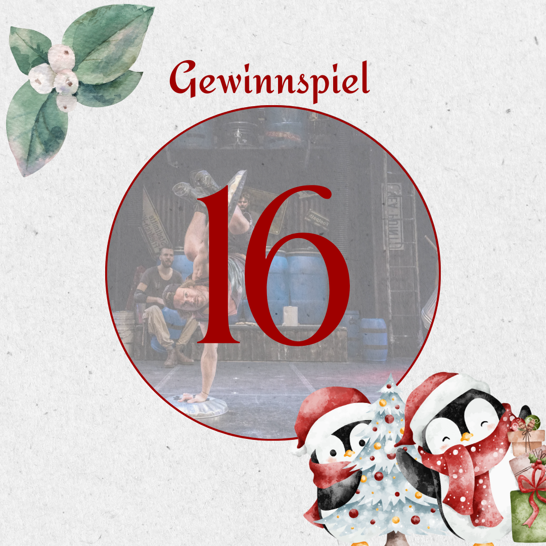 aovo Adventskalender 2024 - Türchen 16 offen rot mit zwei Pinguinen, Weihnachtsbaum, Geschenken und Mistelzweig auf hellem Hintergrund.