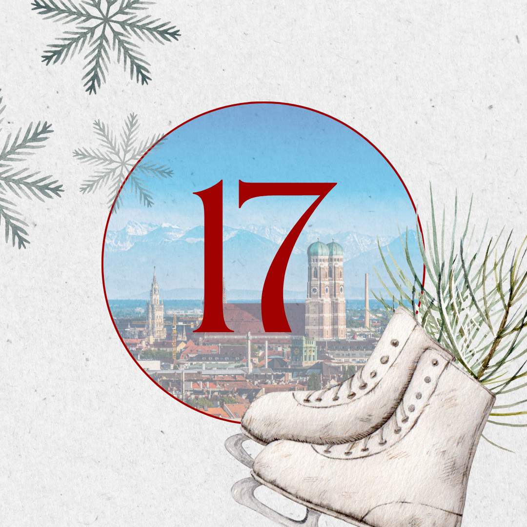 aovo Adventskalender 2024 - Türchen 17 offen rot mit Schlittschuhen, Tannenzweigen und Schneeflocken auf hellem Hintergrund.