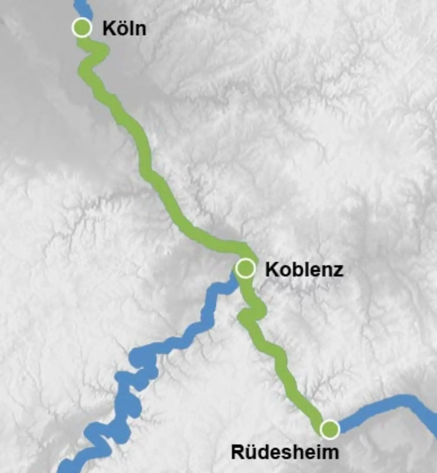 Karte des Rheins mit den Städten Köln, Koblenz und Rüdesheim. Grüne Linie zeigt den Verlauf des Rheins, blaue Linie stellt Wasser dar.