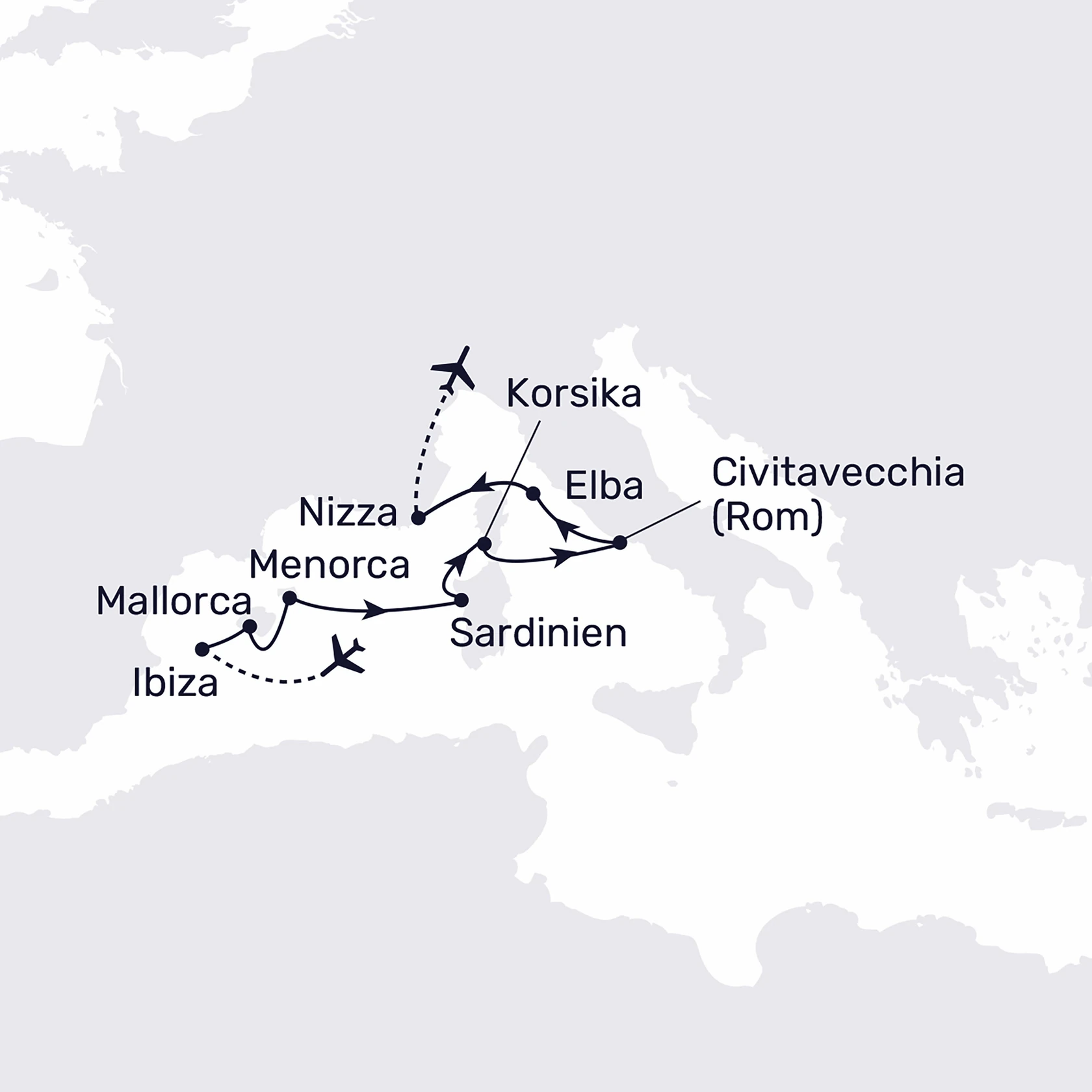 Reiseroute der MS Hamburg Ibiza bis Nizza