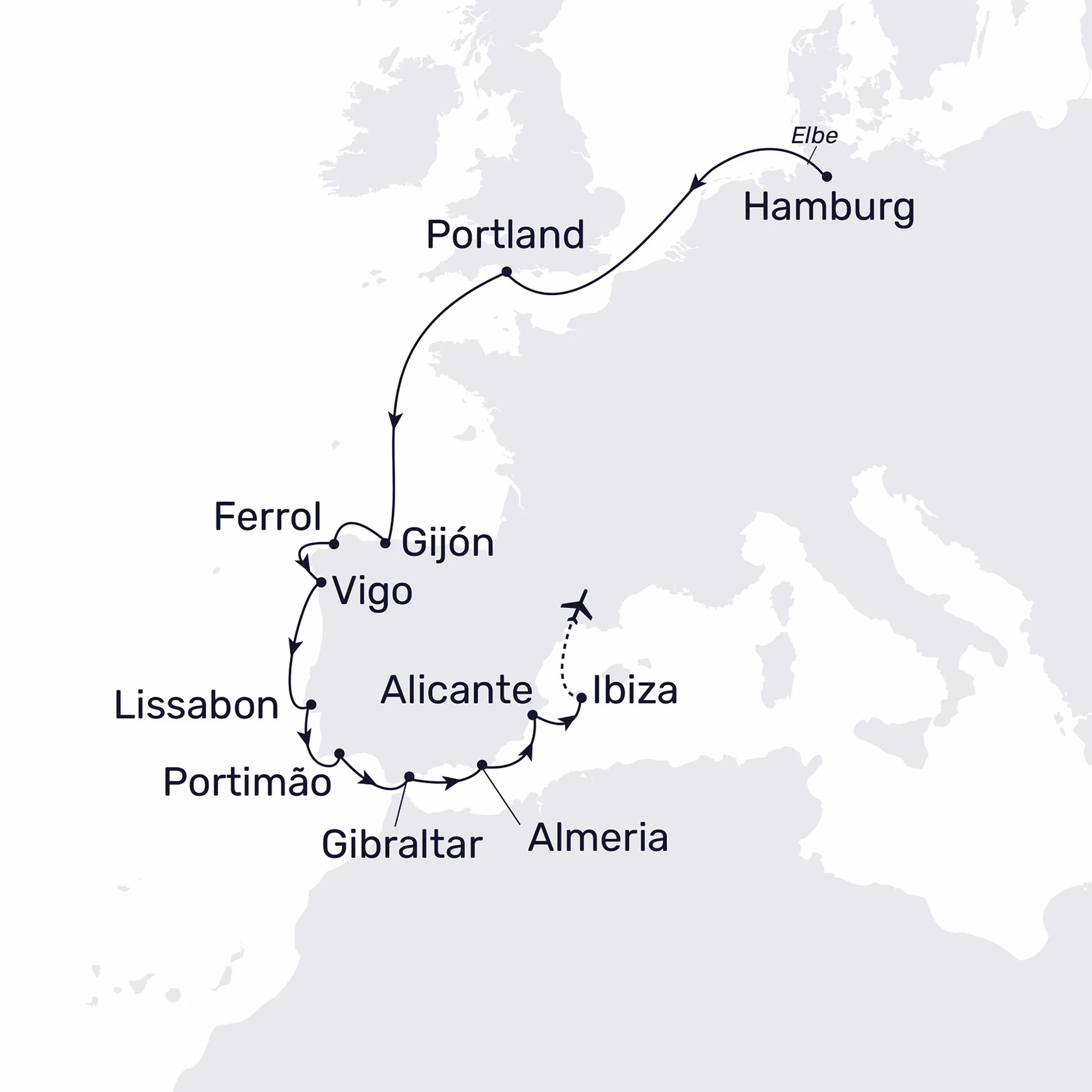 Reiseroute der MS Hamburg Hamburg bis Ibiza