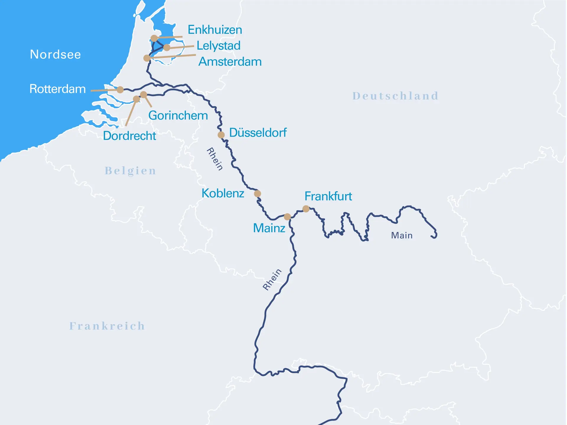 Abbildung der Route der VIVA Enjoy von Frankfurt nach Amsterdam mit Unterwegshalten in Mainz, Koblenz, Düsseldorf, Gorinchem, Dordrecht, Rotterdam, Enkhuizen und Lelystad