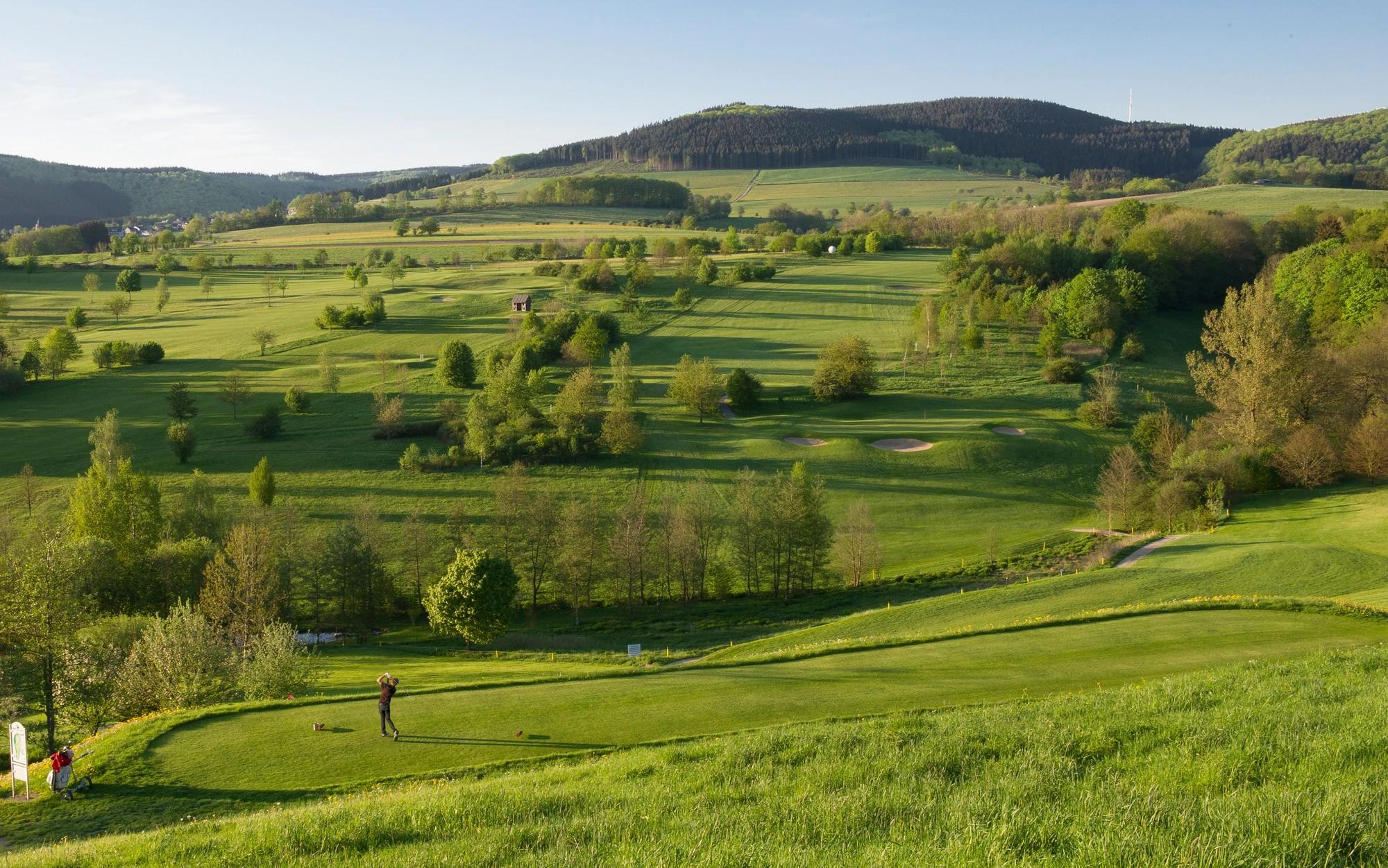 Golfclub Schmallenberg - großer grüner Golfplatz, Spieler schlägt Abschlag