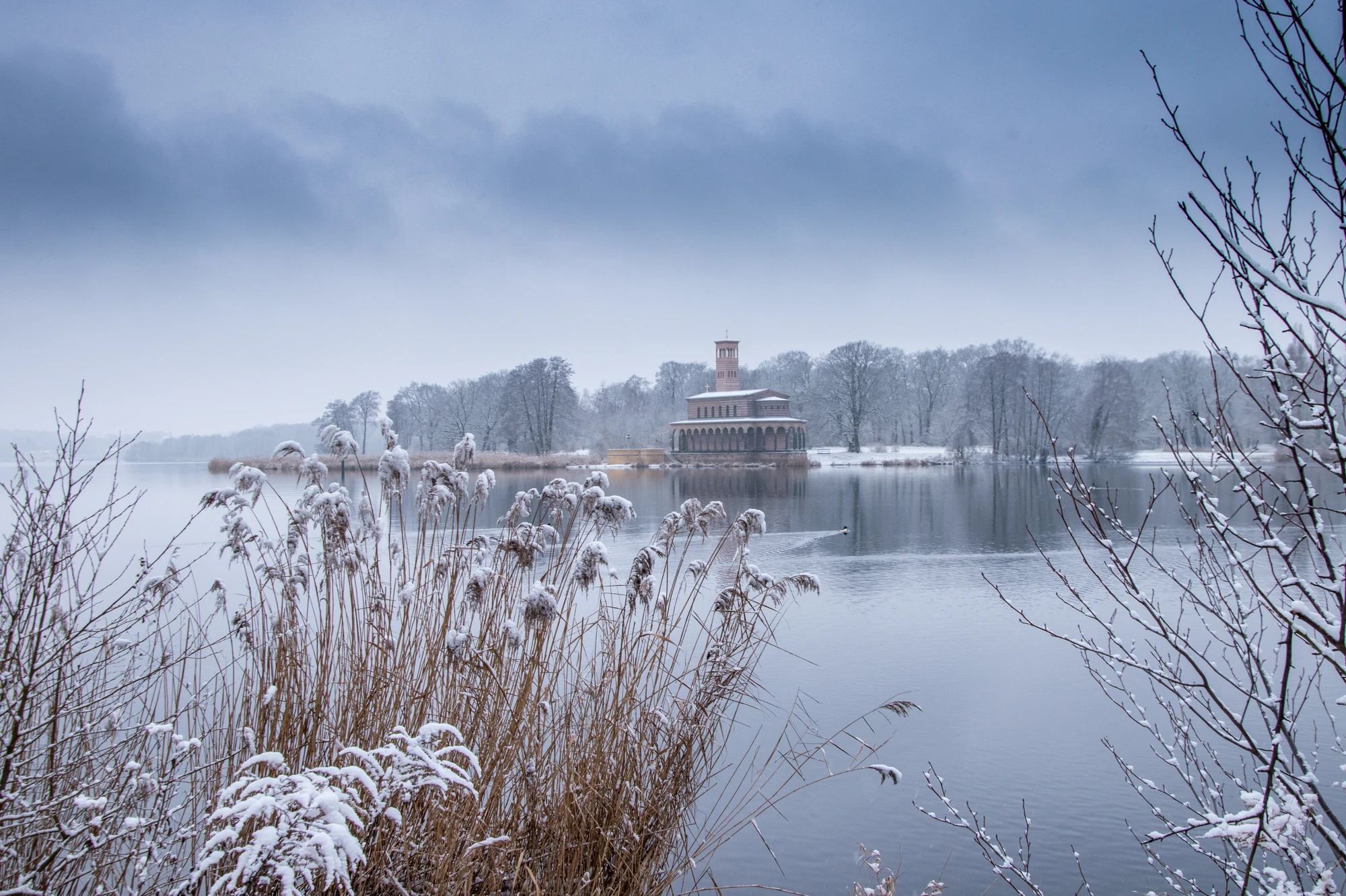 See im Winter mit schneebedeckten Ufern und bewaldetem Hintergrund