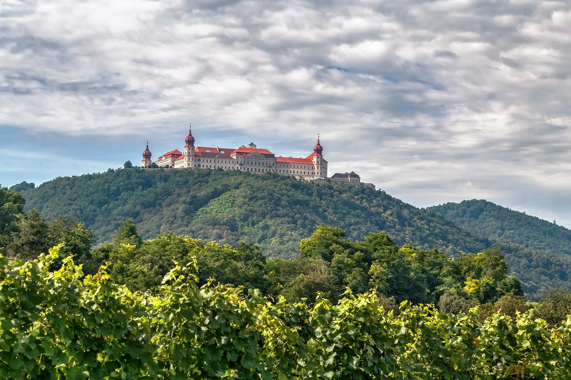 Stift Göttweig in der Wachau auf einem bewaldeten Berg mit Bäumen und Weinreben im Vordergrund und Wolken am Himmel