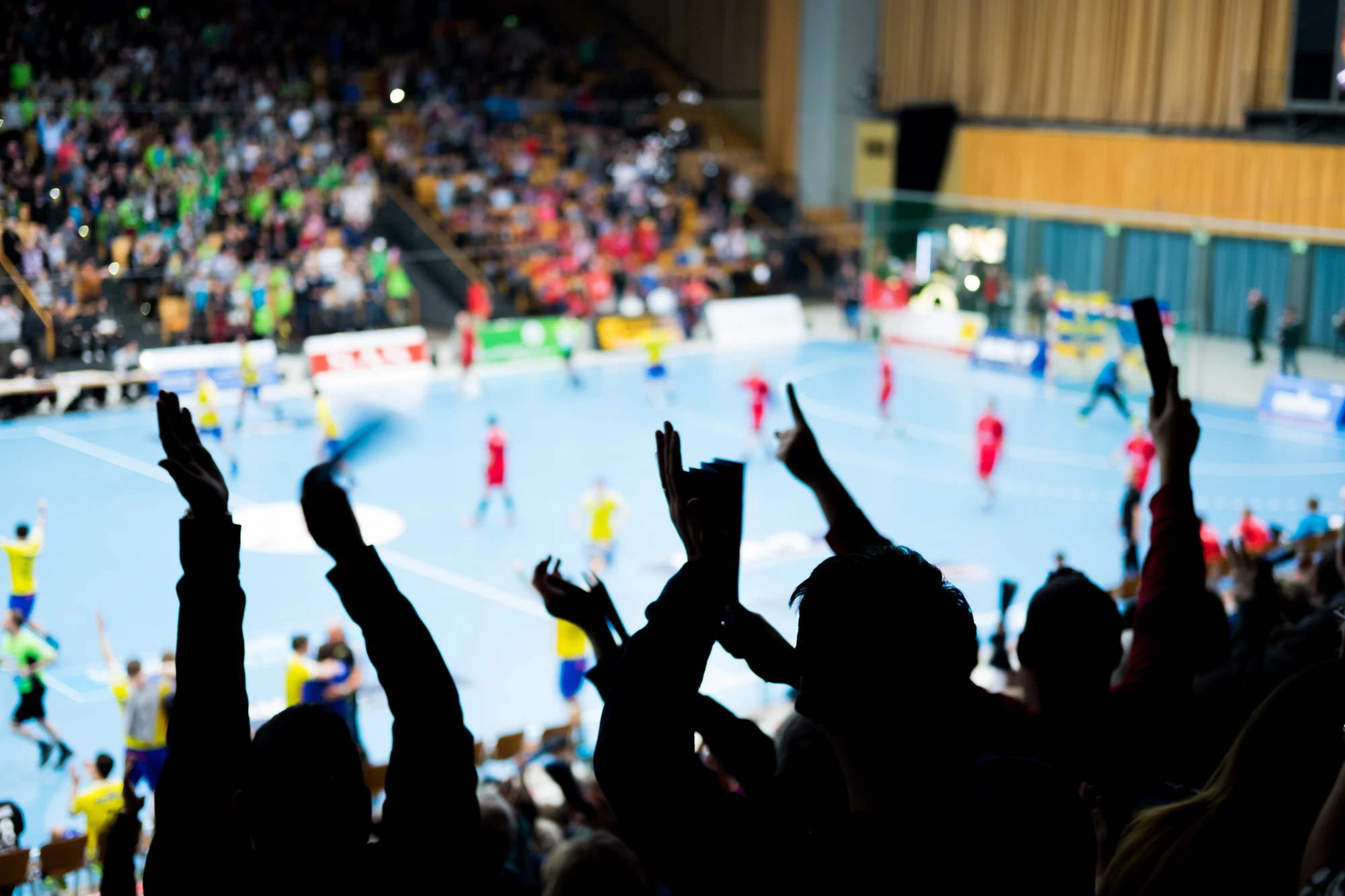 Silhouetten von jubelnden Zuschauern in einer Sporthalle mit einem Handballspiel im Hintergrund.