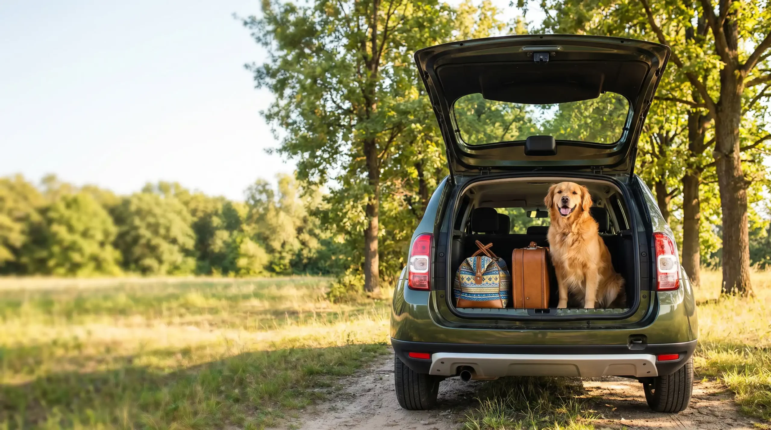 Niedlicher, flauschiger Hund, der fröhlich in einem offenen Kofferraum neben Reisegepäck sitzt. Sonnige Outdoor‑Naturkulisse mit Freiraum
