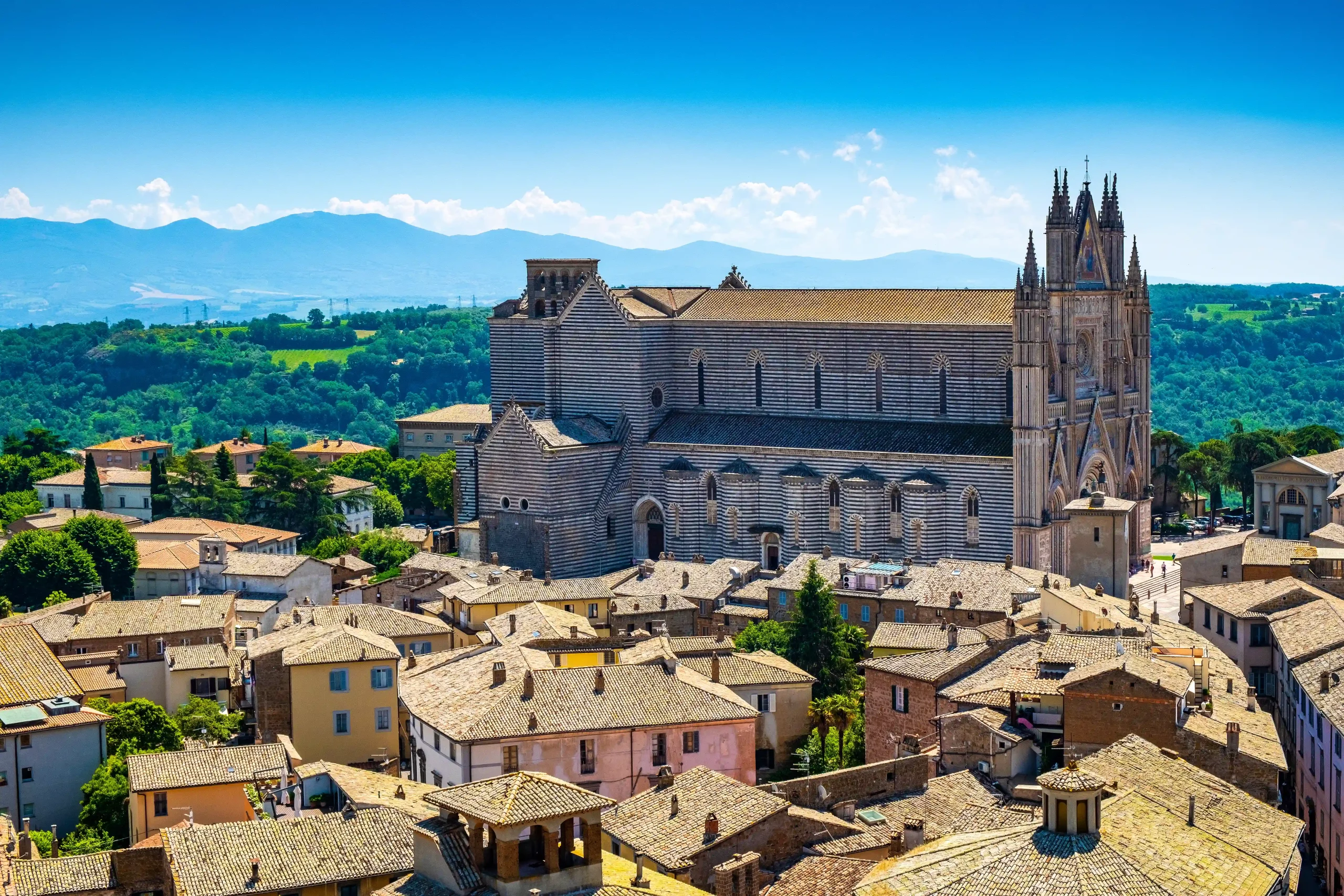 Orvieto, Italy - Panoramic view of Orvieto old town and Umbria region with Piazza Duomo square and Duomo di Orvieto cathedral