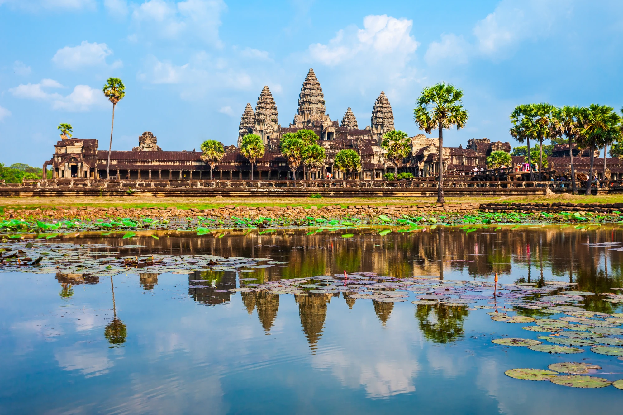 Angkor Wat mit mehreren Türmen und Palmen im Vordergrund, reflektiert im Wasser eines Sees mit Seerosen. Heller Himmel mit einigen Wolken.