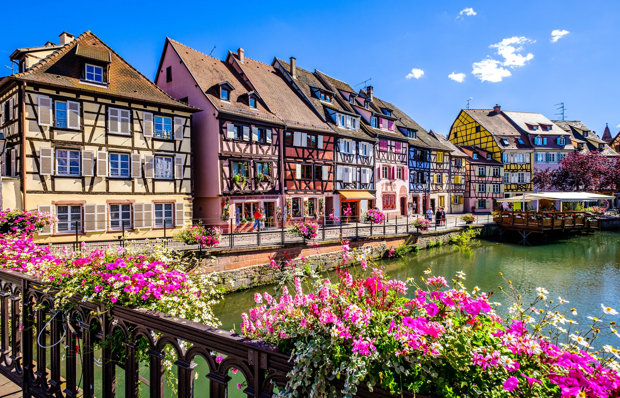 Blick vom Ufer über den Fluss auf die bunten Fachwerkhäuser von Strasbourg im Frühling, umgeben von blühenden Blumen, die den Charme der Stadt unterstreichen.