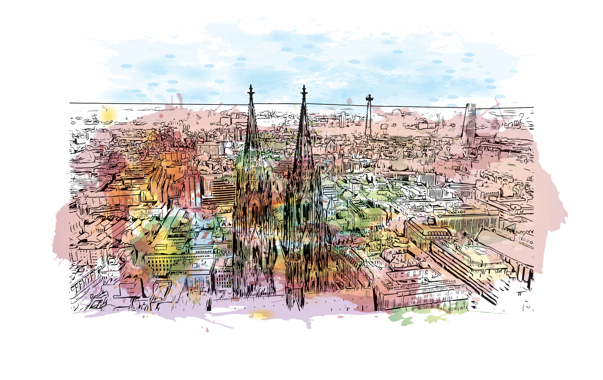 bunte Zeichnung von Köln mit dem Köner Dom und Umgebung