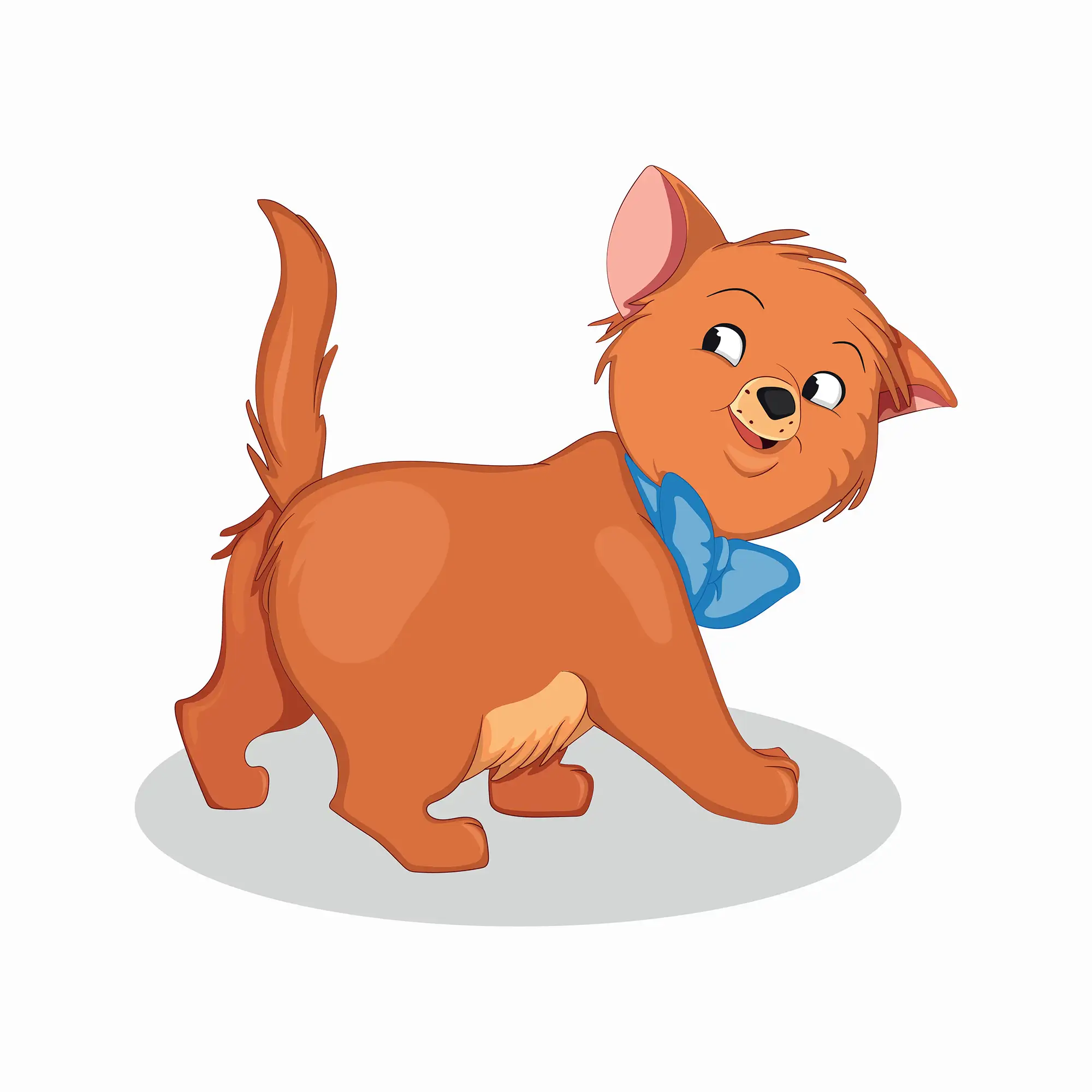 Kleine orangefarbene Katze Toulouse aus Aristocats mit einer blauen Fliege um den Hals die sich mit einem Lächeln umdreht vor weißem Hintergrund
