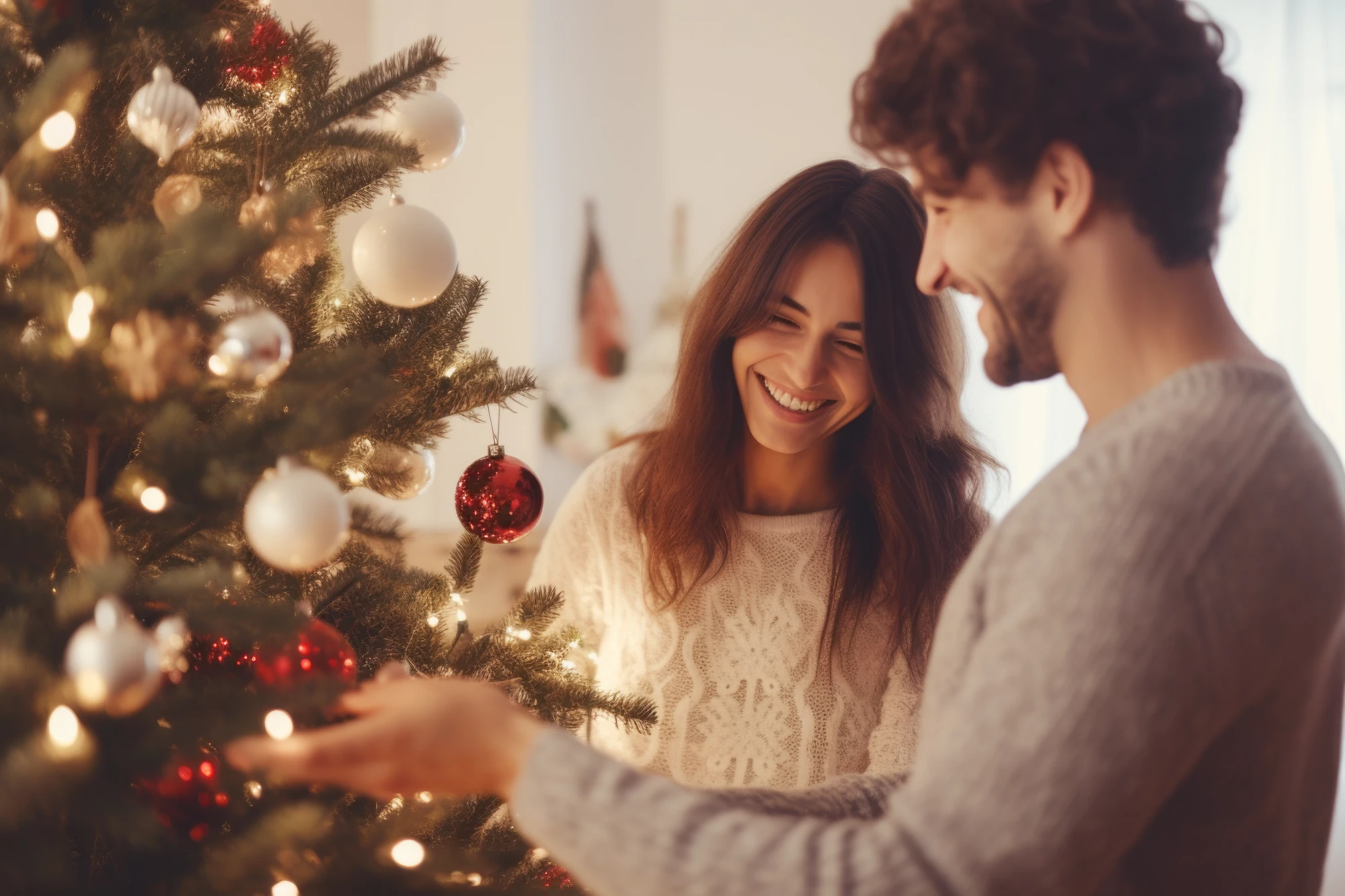 Paar beim Schmücken des Weihnachtsbaumes