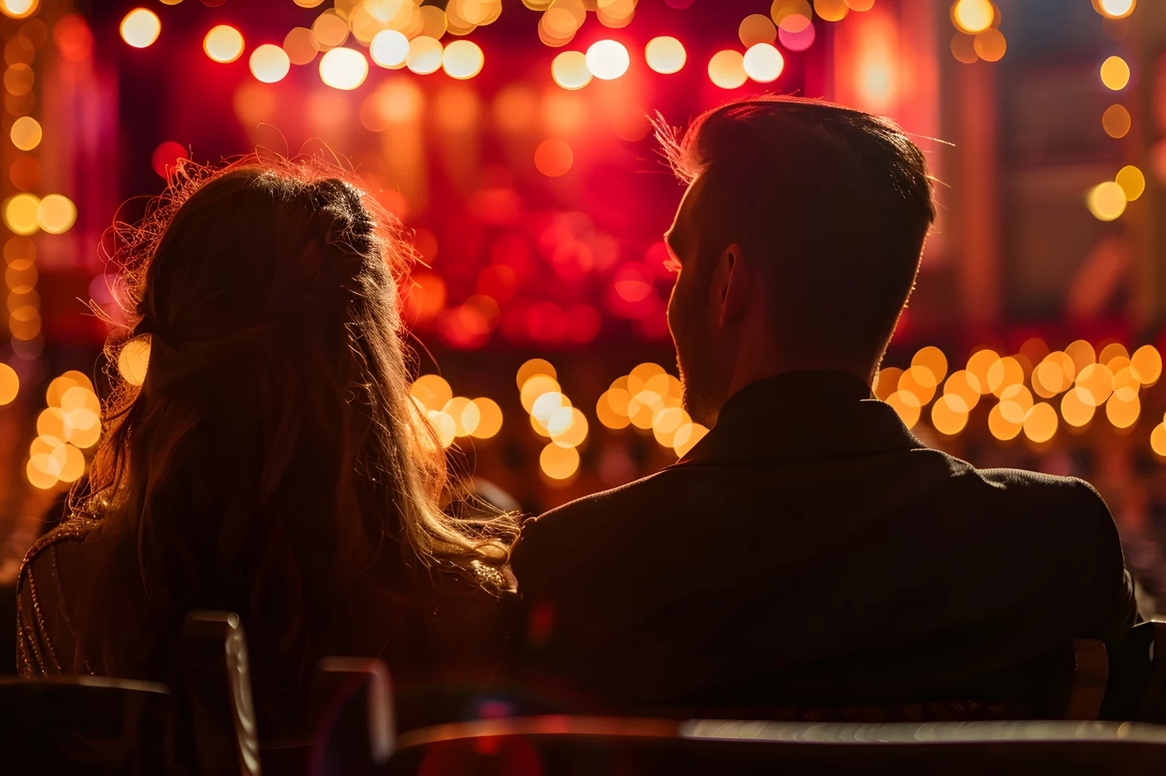 Pärchen im Musicaltheater, schauen Musical an, im Hintergrund Lichter