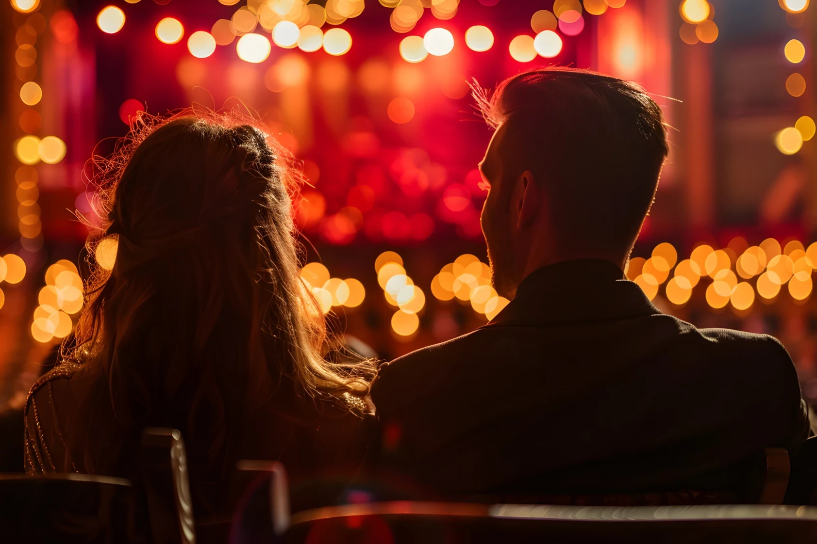 Pärchen im Theater - rote Umgebung, Lichter leuchten im Theater