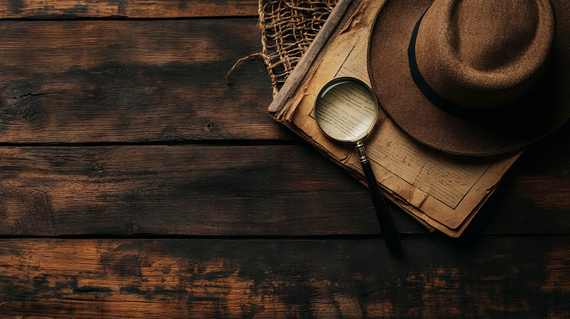 Lupe auf alten Zeitungen neben einem braunen Hut auf dunklem Holztisch