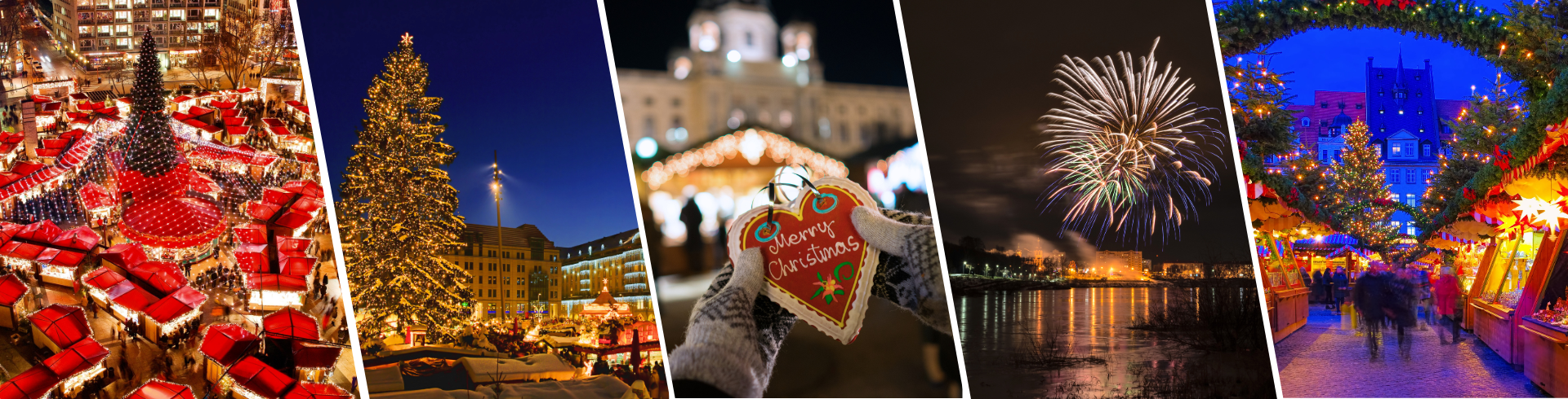Eine Collage mit fünf Bildern: 1. Ein Weihnachtsbaum mit roten Geschenken. 2. Ein beleuchteter Platz mit einem großen Baum. 3. Eine Person hält ein Lebkuchenherz mit 'Merry Christmas'. 4. Feuerwerk über einer Stadt. 5. Ein festlich beleuchteter Weihnachtsmarkt am Wasser.