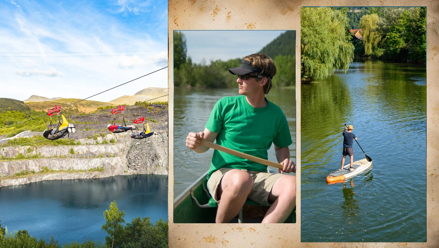 Collage von 3 Fotos mit Aktivitäten in Wales z.B. Velocity2, SUP oder Kanu fahren in Snowdonia.