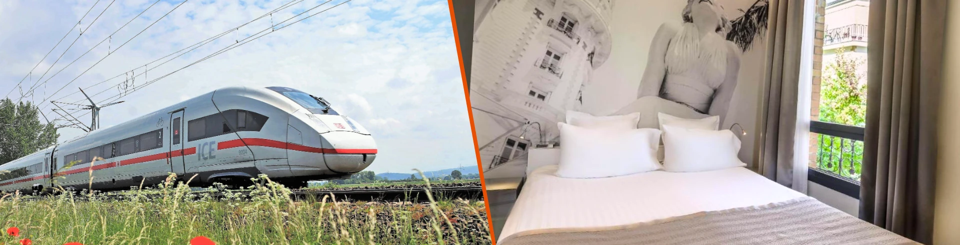 Modernes Hotelzimmer mit Blick auf die Stadt/ICE Zug auf einer malerischen Bahnreise durch Deutschland