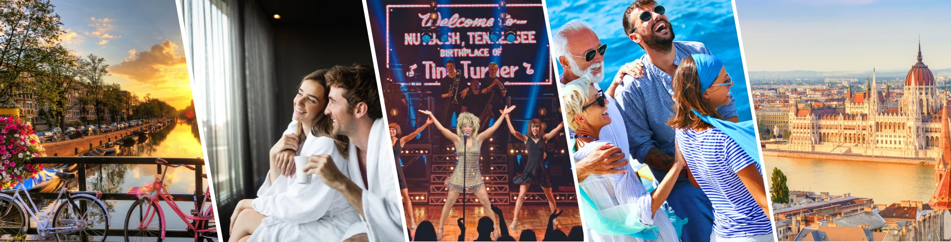 Vier Szenen: Sonnenuntergang über einem Kanal mit Fahrrad, Paar entspannt im Bett, Konzert mit jubelnder Menge, Touristen genießen Stadtblick mit Parlament am Fluss