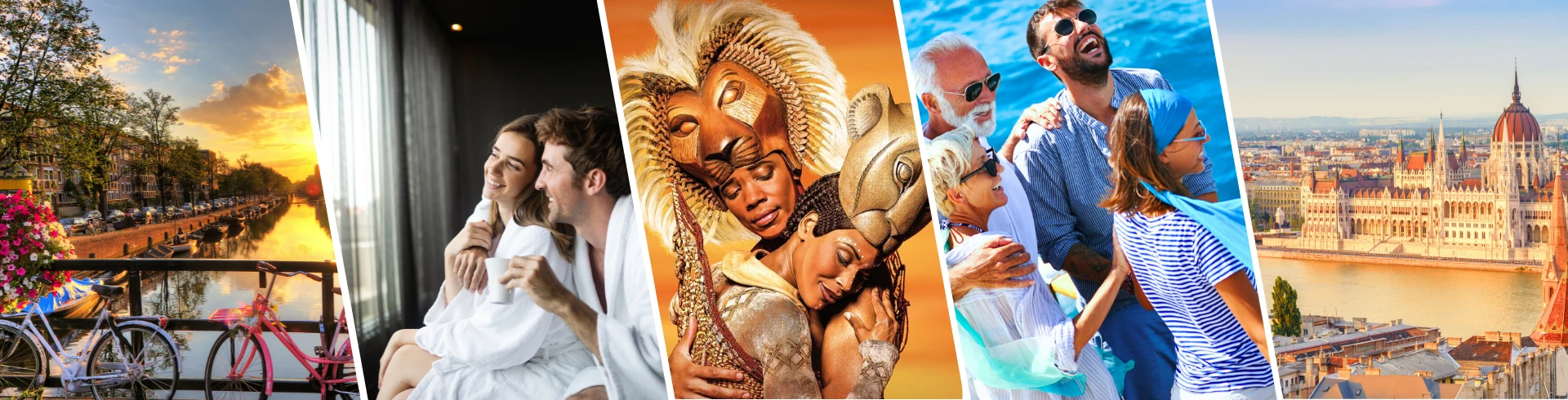 Fünf Bilder in einem Streifen: Sonnenuntergang über einem Kanal mit Fahrrädern, eine Person in einem weißen Gewand, ein Löwe mit einer Krone, eine Gruppe von Menschen am Strand, und die Parlamentsgebäude in Budapest.