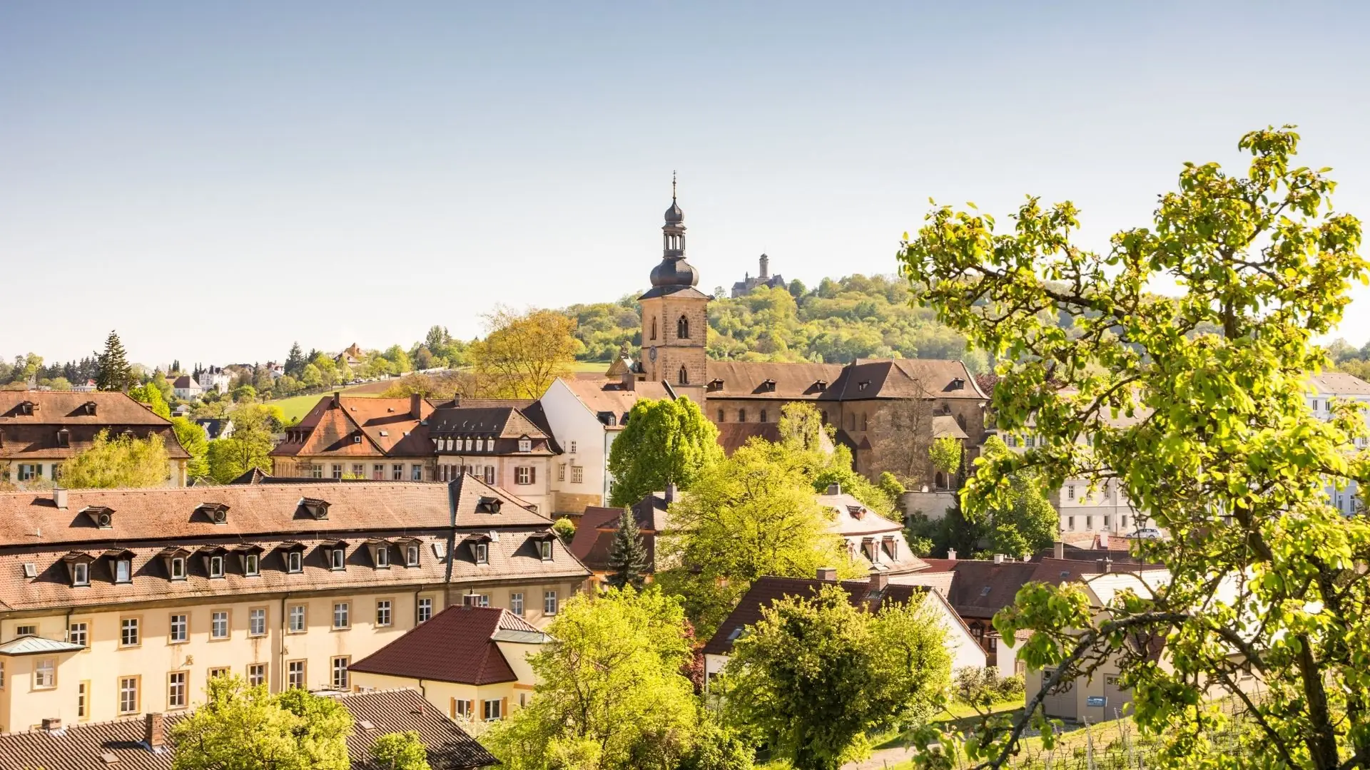 Blick auf eine historische Kleinstadt mit roten Ziegeldächern, einer Kirche mit Turm und umliegenden grünen Bäumen, im Hintergrund bewaldete Hügel.