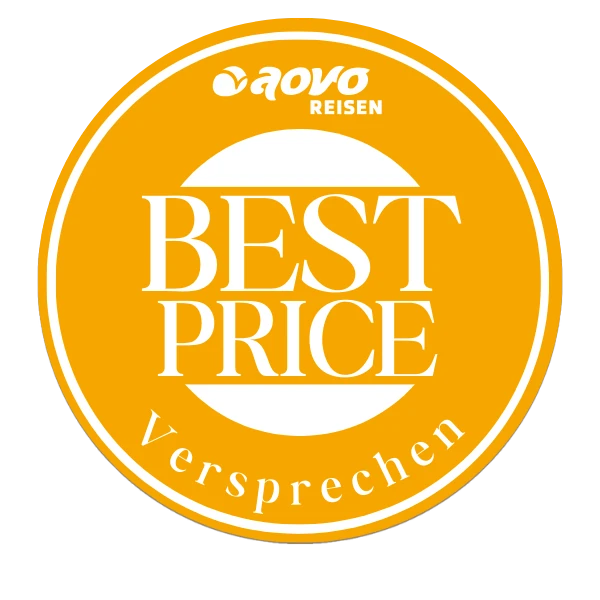 Best Price Logo by aovo Reisen, gelber Kreis mit weißer Schrift