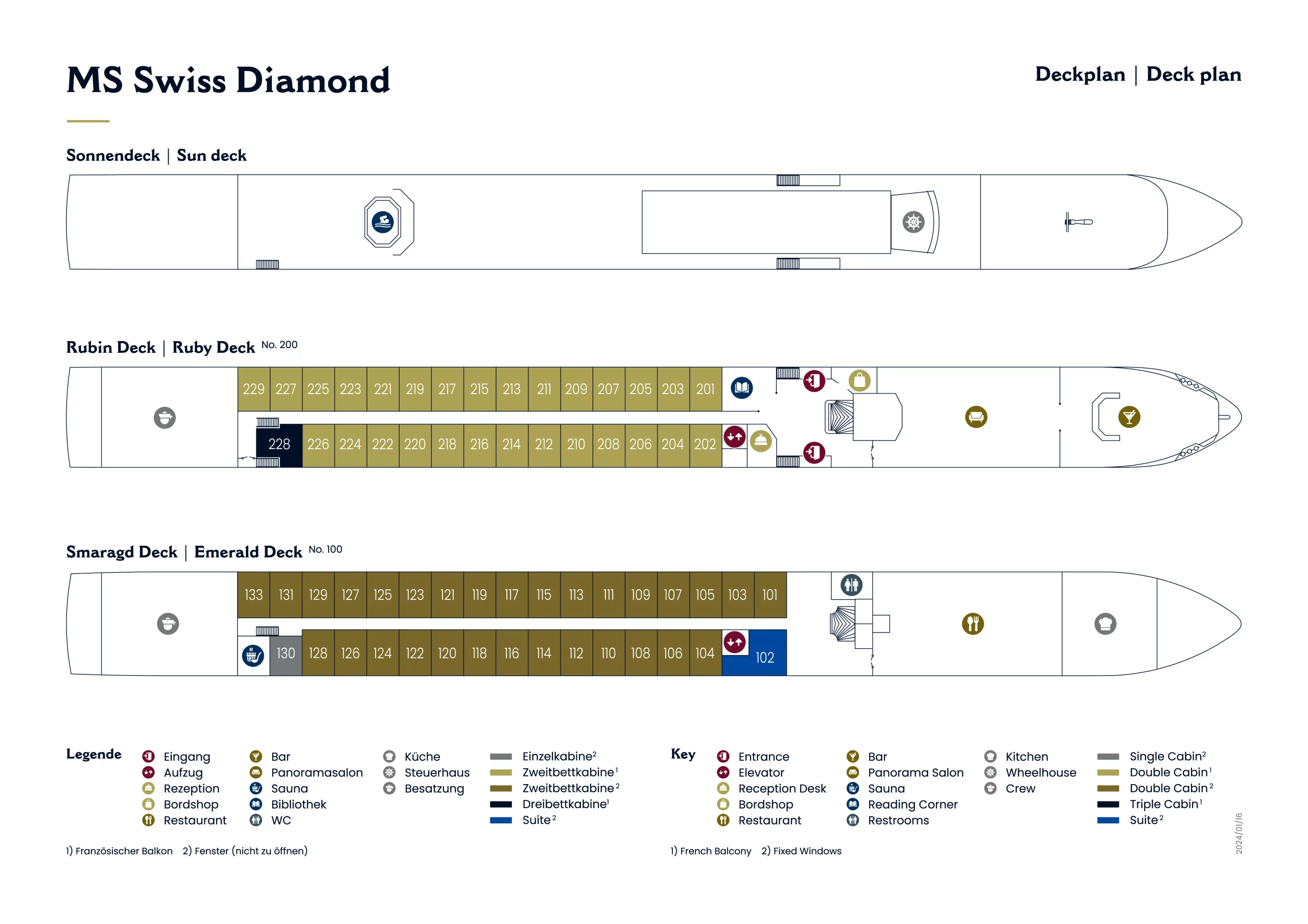 Legende des Deckplans für MS Swiss Diamond mit Symbolen für Einrichtungen.