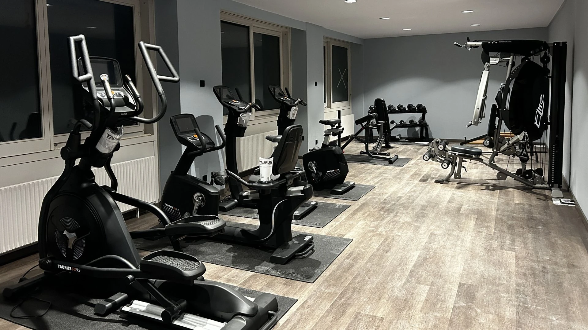 Modernes Fitnessstudio mit verschiedenen Trainingsgeräten.