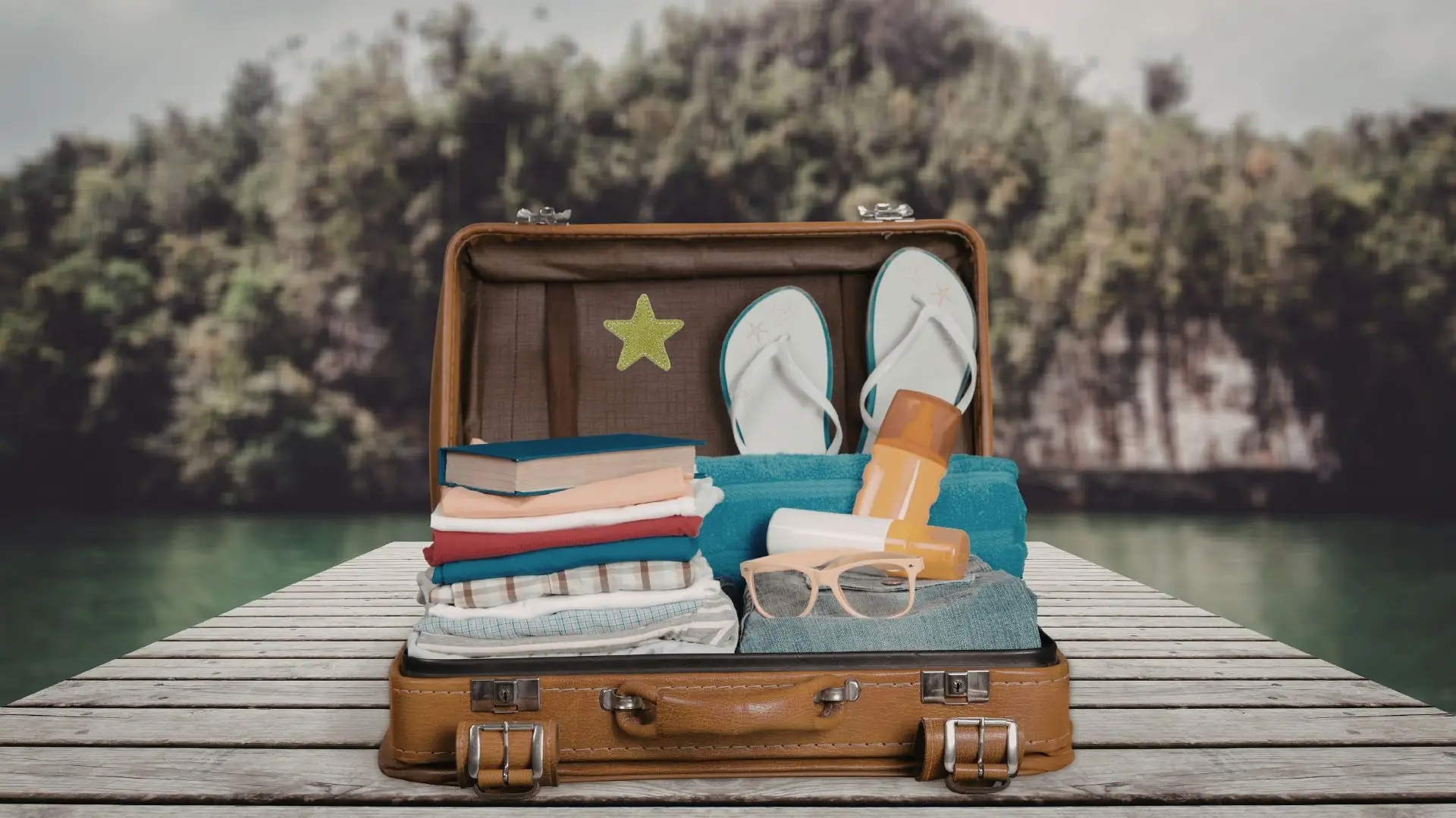 Offener Koffer mit Strohhut, Herz-Sonnenbrille, gemustertem Bikini, Kopfhörern und Reisepass.