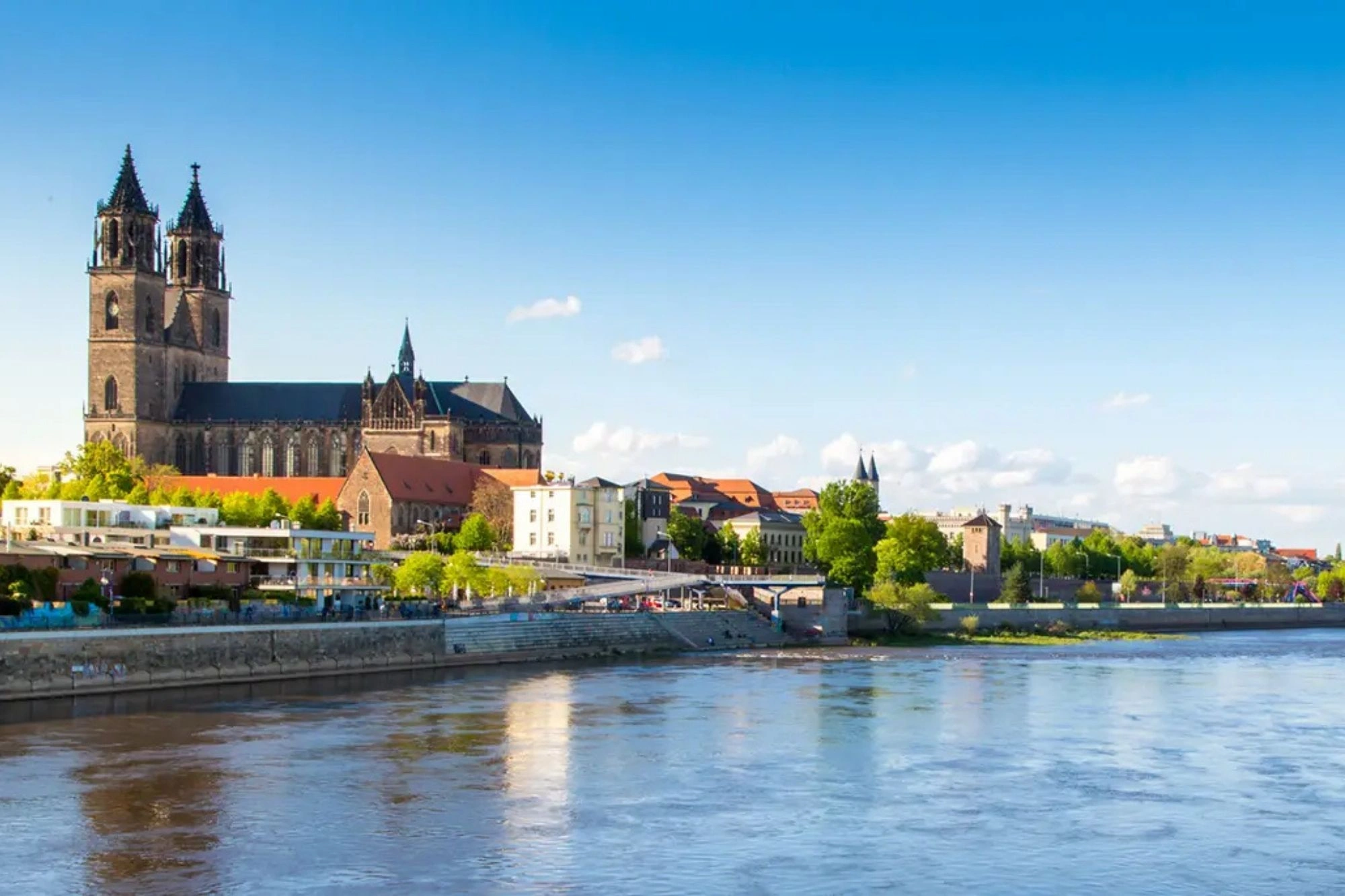 Blick von der Elbe aus auf den Dom zu einer Reise mit Hotel Magdeburg