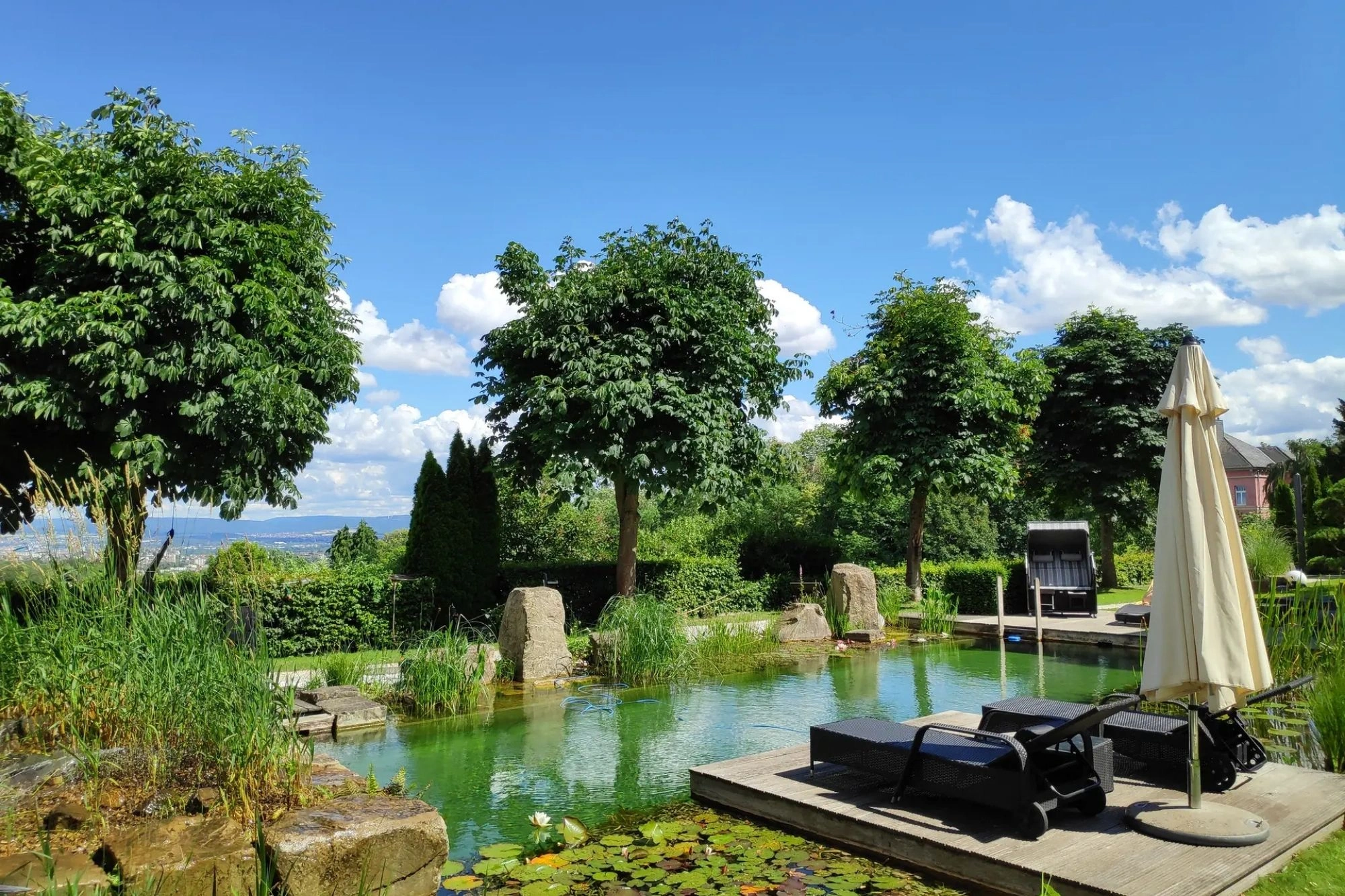 Naturschwimmteich mit Strandkorn und Liegen im Sommer