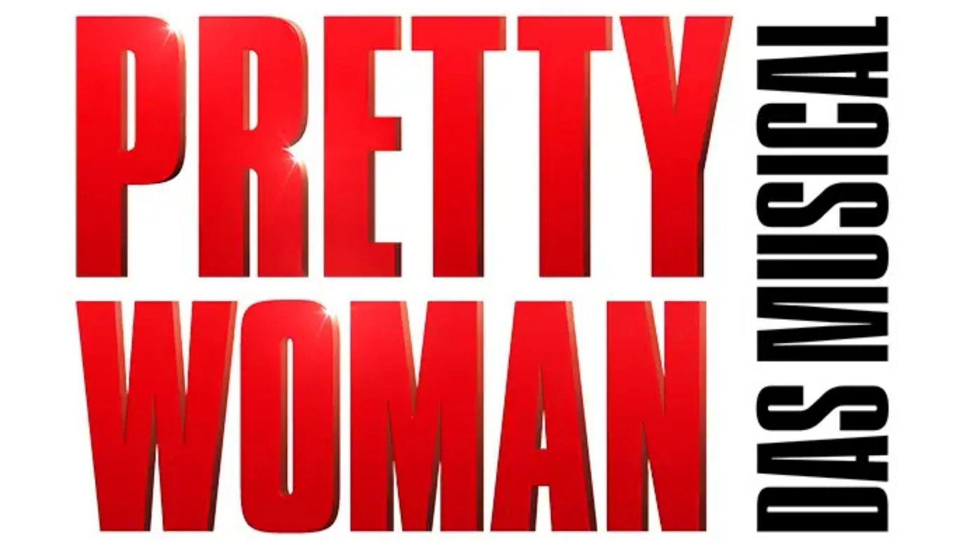 Pretty Woman (in roten Großbuchstaben) – Das Musical (um 90 Grad gedreht in schwarzen Großbuchstaben), Key Visual quadratisch