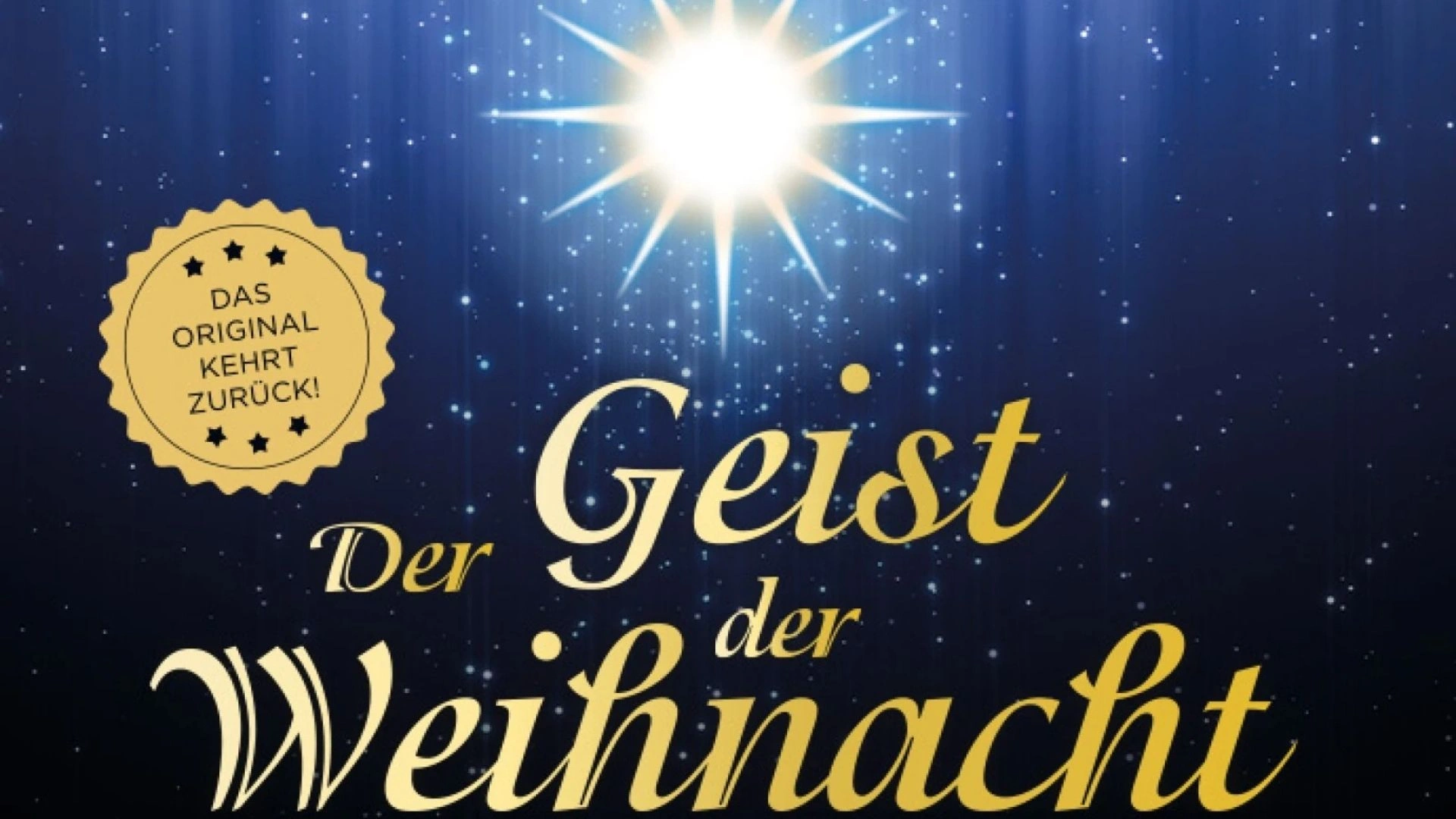 Logo des Musicals Der Geist der Weihnacht mit goldener Schrift und hellstrahlenden Weihnachtsstern, Quadrat