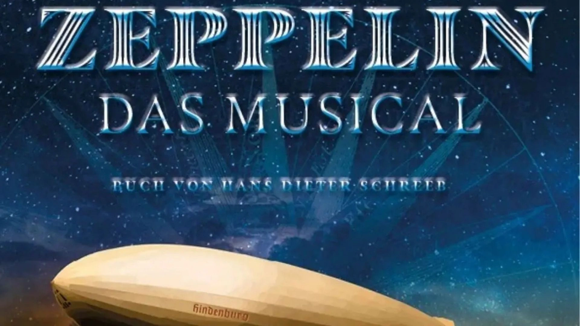Zeppelin Musical Logo mit dem Zeppelin Hindenburg vor einem Gewitter. Buch von Hans Dieter Schreeb.