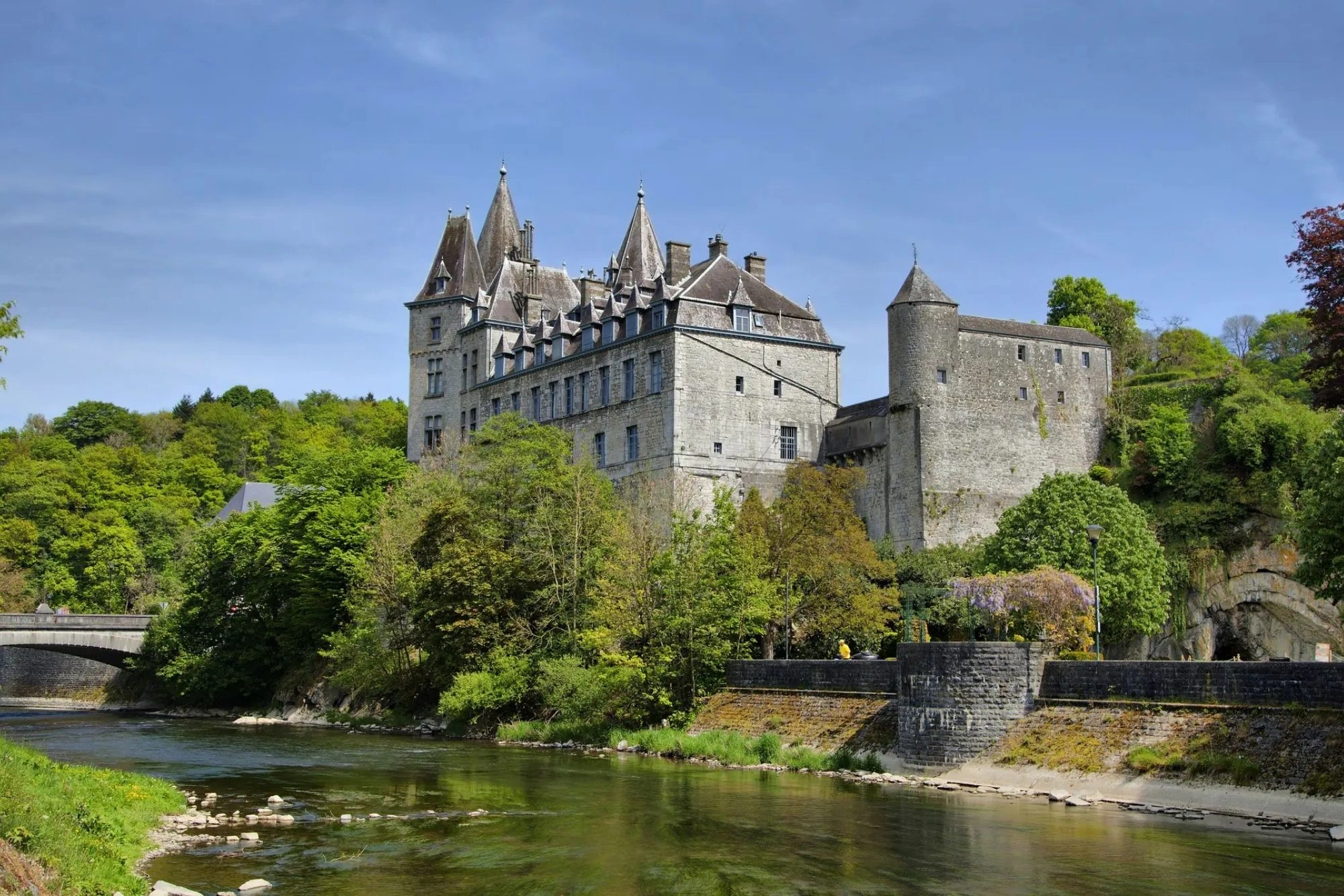 Schloss Durbuy vom Flussufer bei klarem Himmel, umgeben von üppigem Grün, das die malerische Kulisse und die historische Architektur des Schlosses betont.