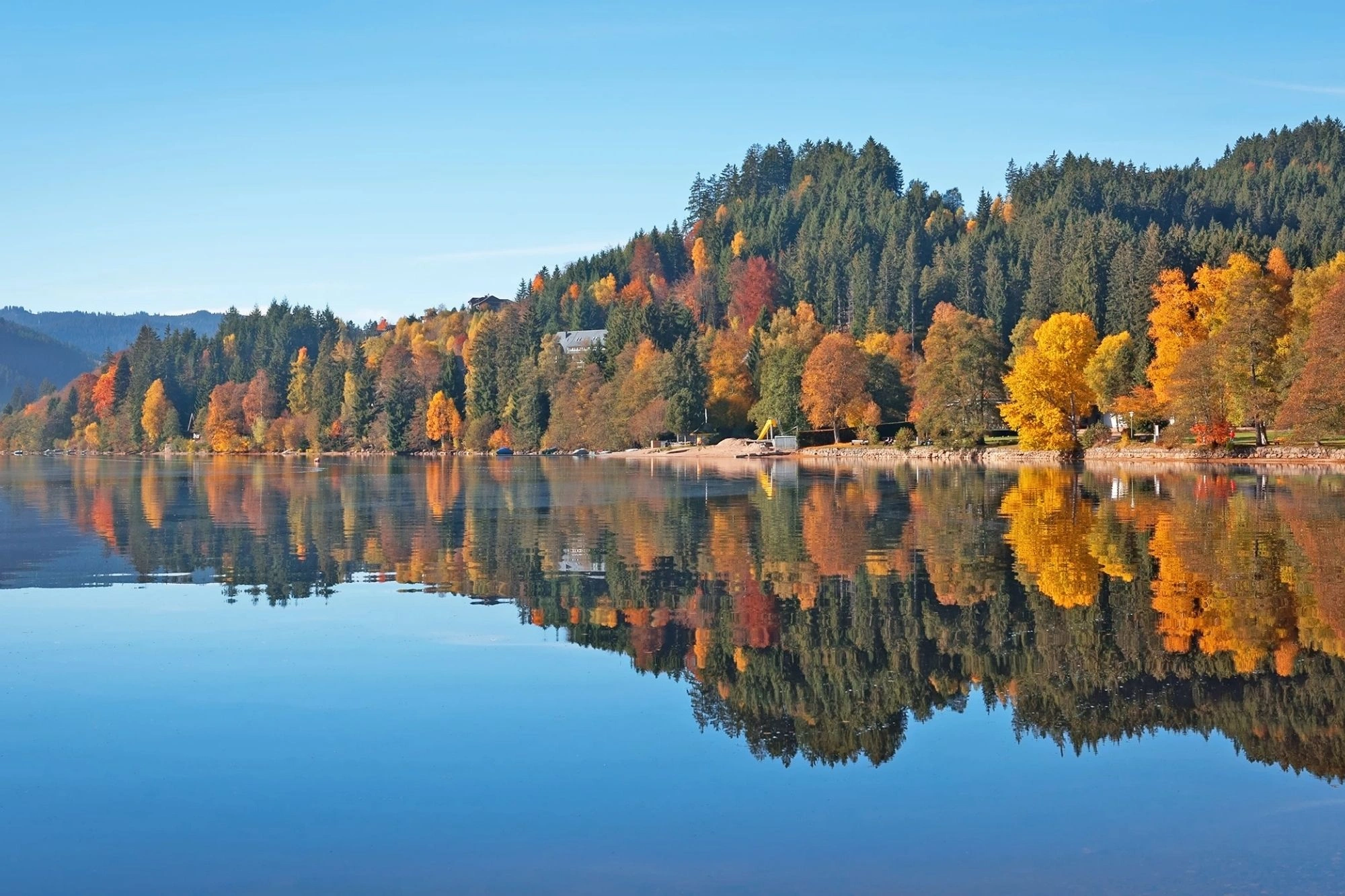 herbstlicher Titisee im Schwarzwald mit Spiegelung der Bäume im Wasser
