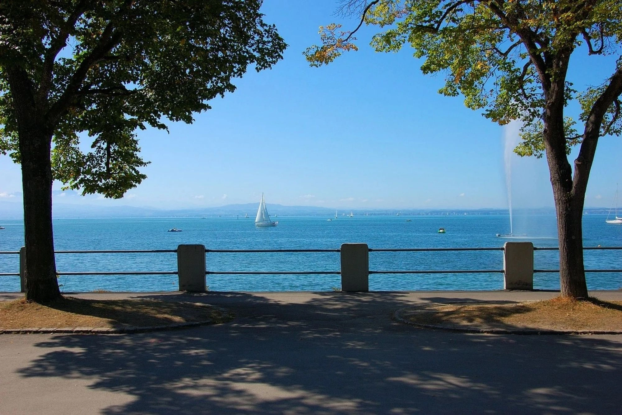 Blick auf den Bodensee mit Segelschiffen von der Uferpromenade