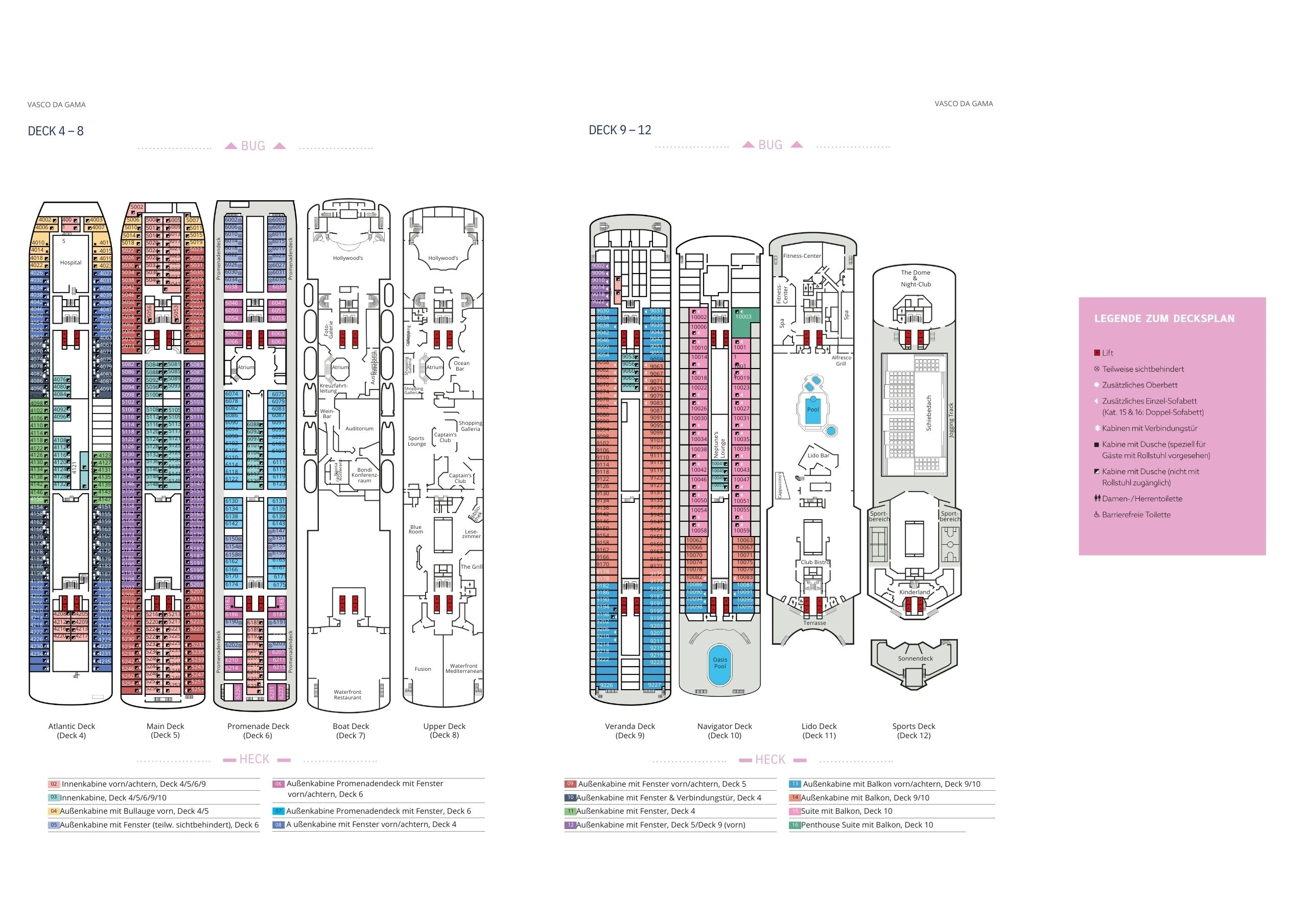Detaillierte Darstellung der Decks und Einrichtungen auf dem Kreuzfahrtschiff.