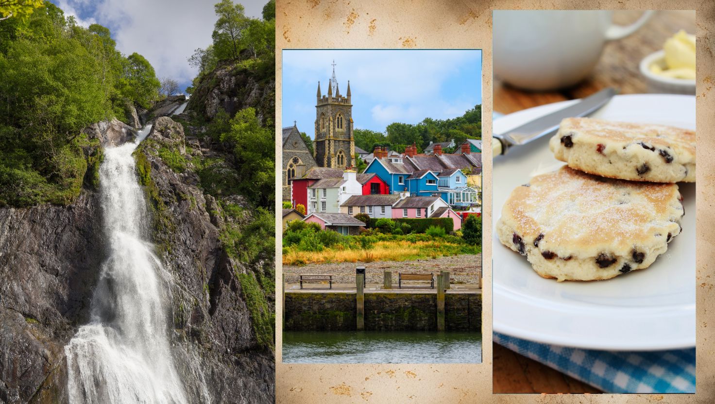 Links ein Wasserfall in bewaldeter Berglandschaft, Mitte bunte Häuser und Kirche in Küstenstadt, rechts zwei Rosinen-Scones auf weißem Teller