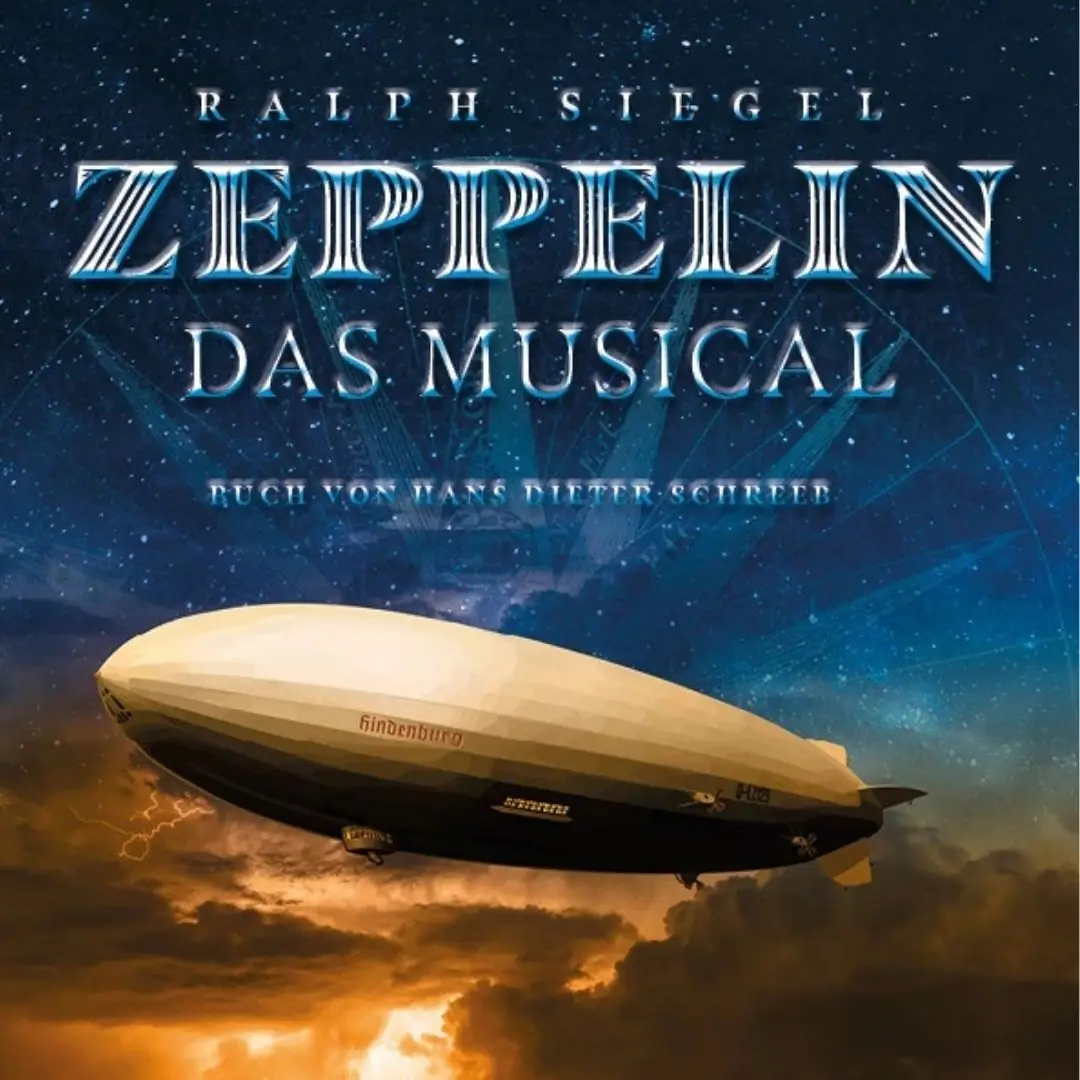 Zeppelin Musical Logo mit dem Zeppelin Hindenburg vor einem Gewitter. Buch von Hans Dieter Schreeb.