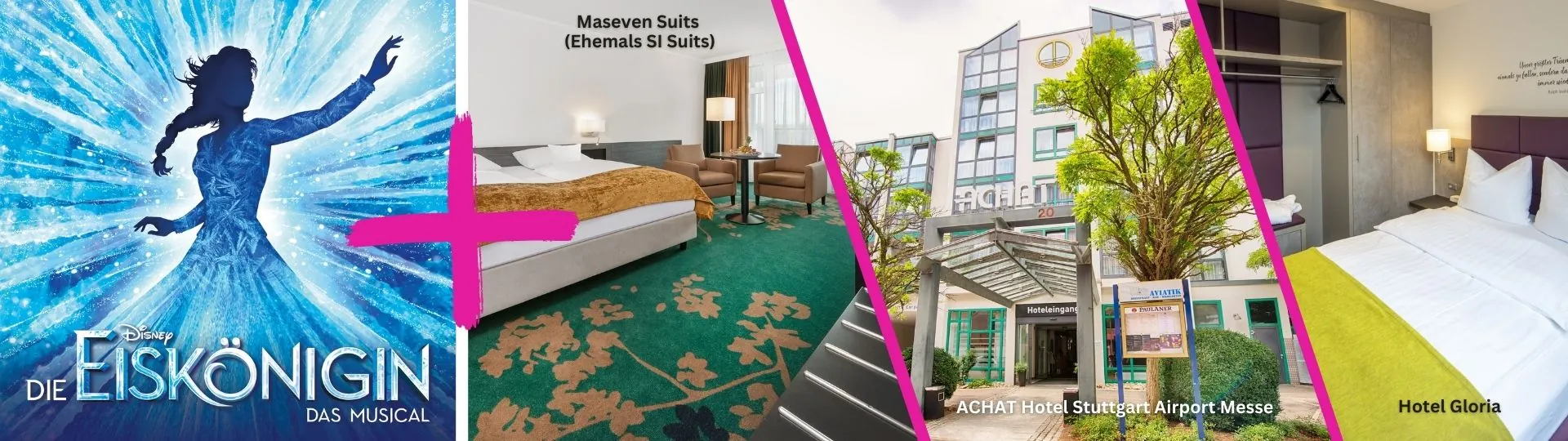 Musical Disneys Die Eiskönigin + Hotel Motiv. Musical Logo und 3 Bilder verschiedener Hotels, die zur Auswahl stehen