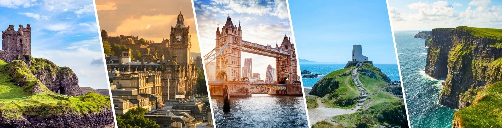 England Impressionen - Burg und Gras in Schottland, Edinburgh City, Tower Bridge London, Meer und Strand mit Leuchtturm in Wales, Cliffs in Irland