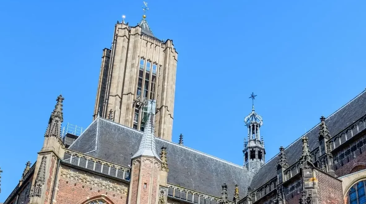 Die Eusebiuskirche in Arnhem zeigt eine große gotische Backsteinarchitektur mit hohen Türmen, spitzbogigen Fenstern und verzierten Fassaden unter blauem Himmel.