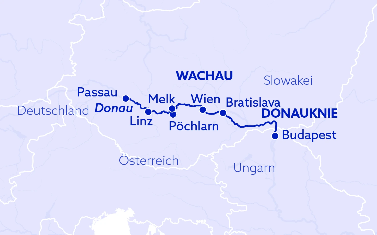 Karte mit Flussverlauf der Donau von Passau über Linz, Melk, Wien, Bratislava bis Budapest, Länder Deutschland, Österreich, Slowakei, Ungarn markiert.